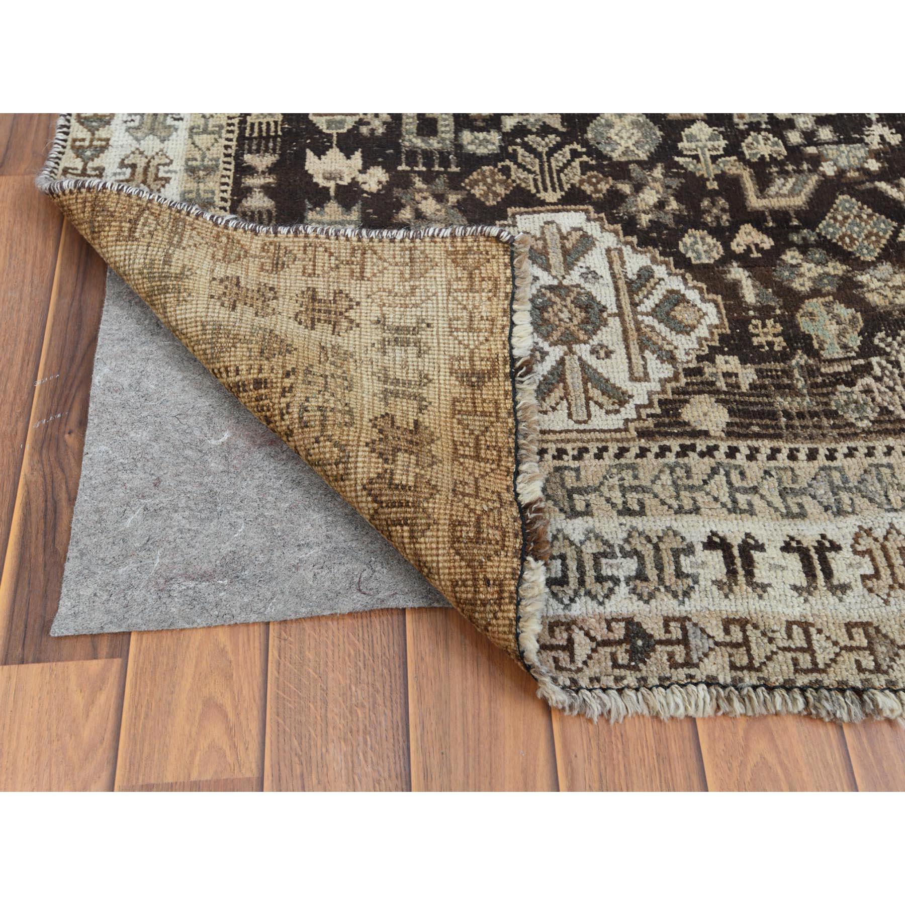 Hand-Knotted Old Handmade Beige Persian Qashqai Bohemian Sheared Low Natural Wool Rug