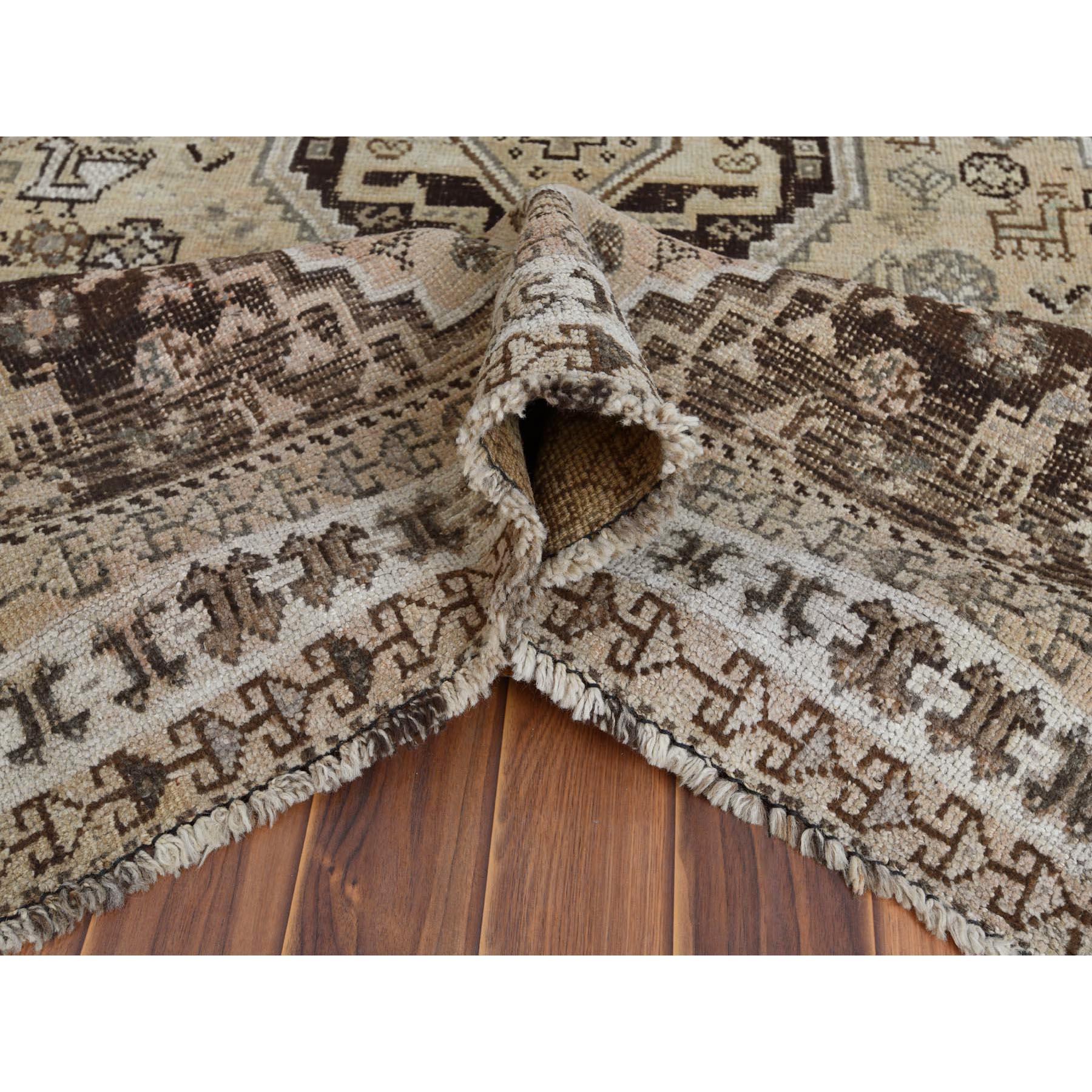 Old Handmade Beige Persian Qashqai Bohemian Sheared Low Natural Wool Rug In Good Condition In Carlstadt, NJ