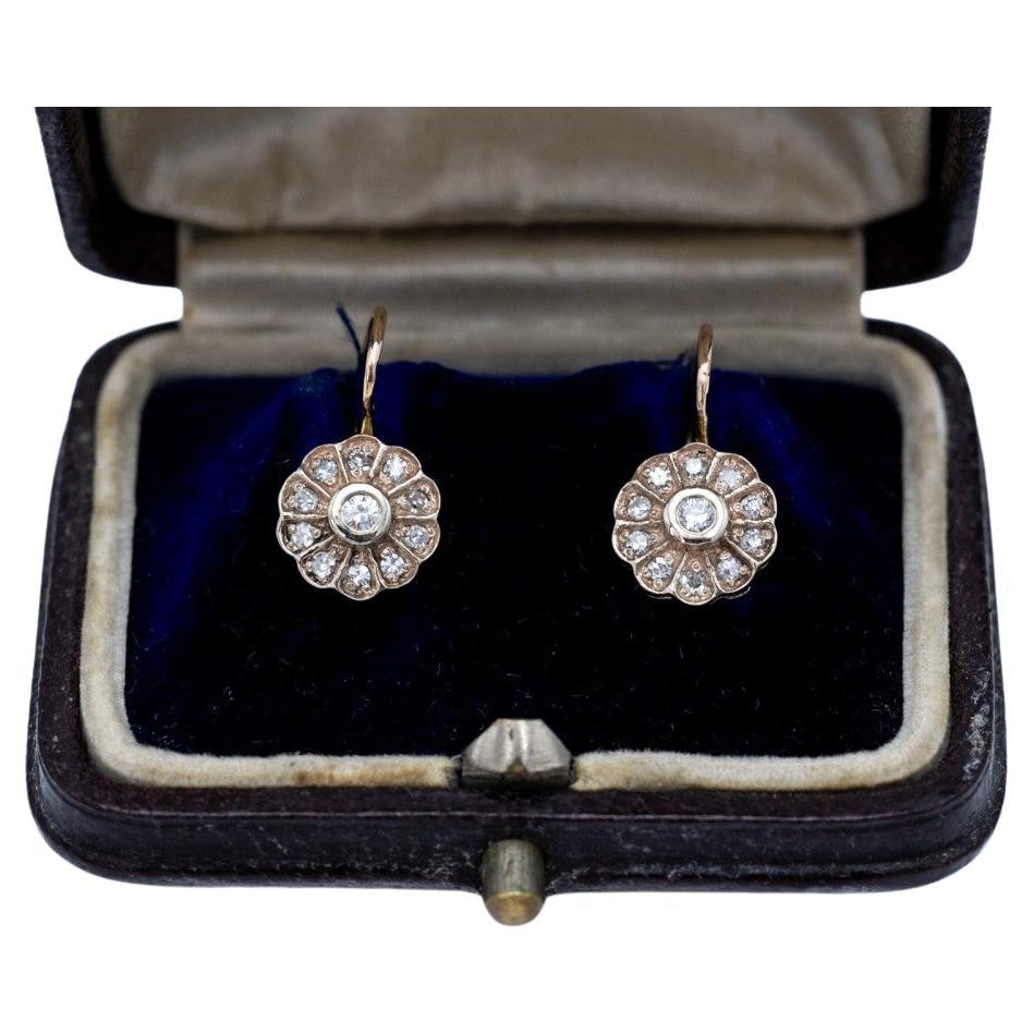 Old hanging gold flower earrings with diamonds, Austria-Hungary, early 20th cent For Sale