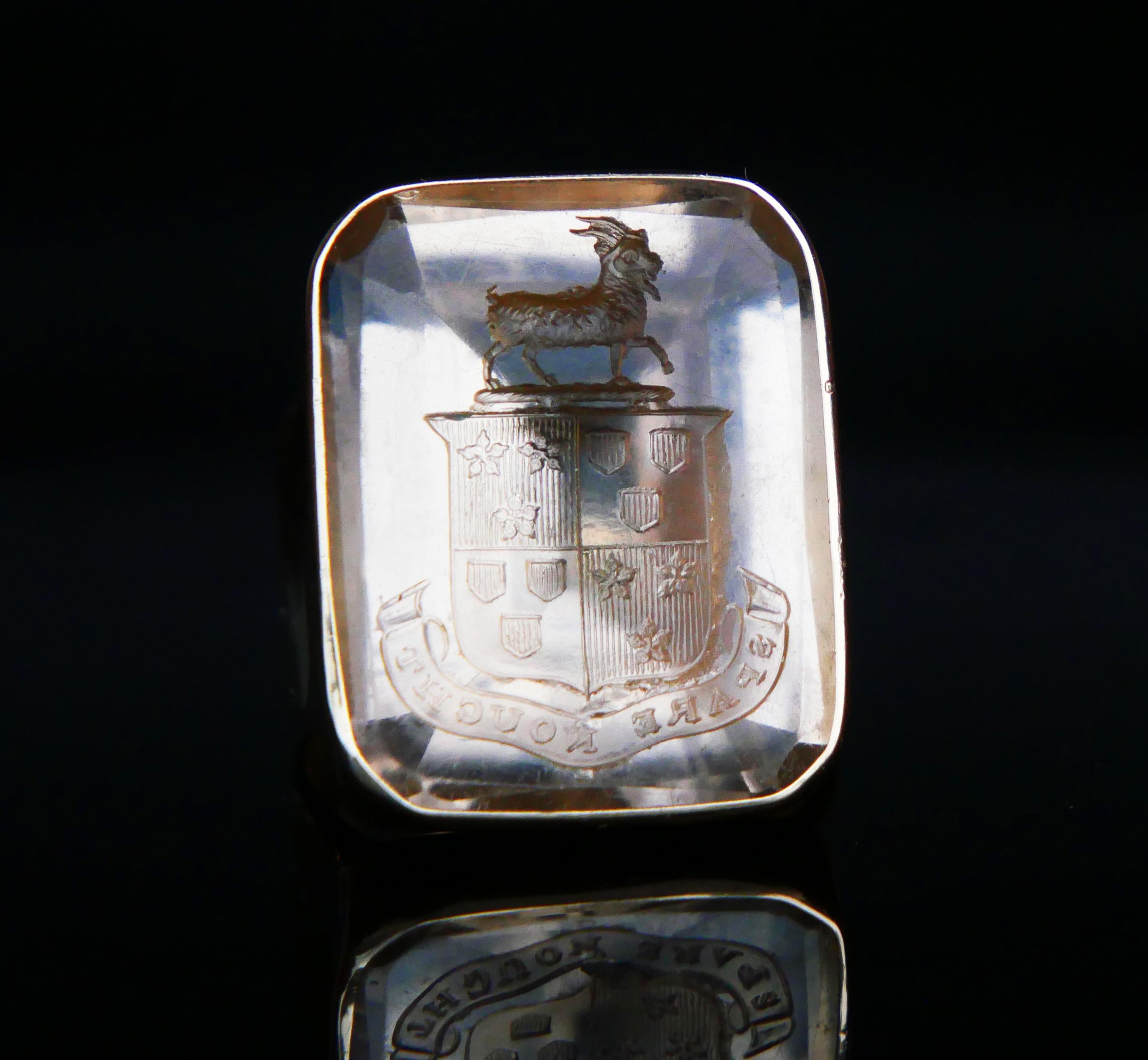 Great Intaglio Signet Ring with wide band and remarkable Coats of Arms of ancient Scotch Clan of Hay of Tweeddale ( moto 