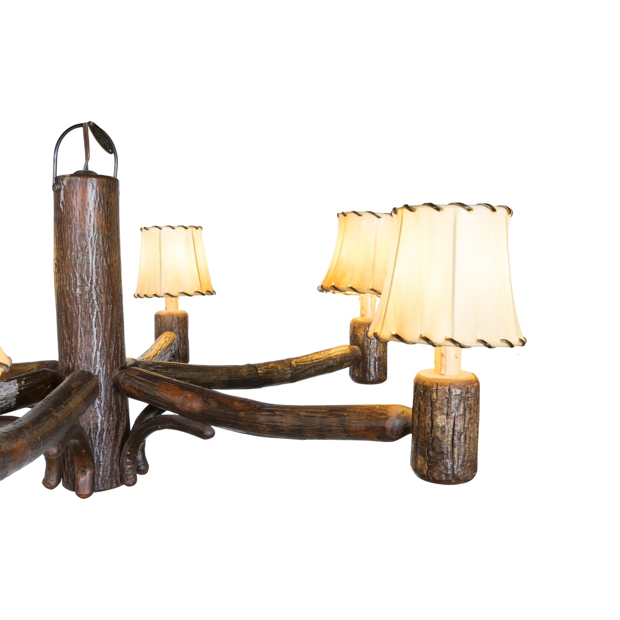 Old Hickory six light Appalachian chandelier with hand painted oil shades. 18