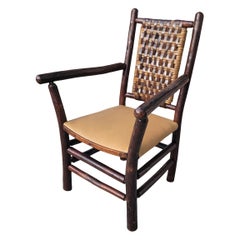 Vintage Old Hickory Arm Chair W/ Leather Seat & Rattan  Backing