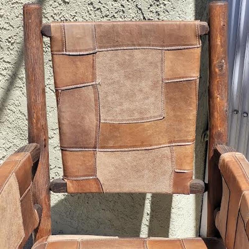 American Old Hickory Arm Chairs with Patchwork Leather - Set of Four