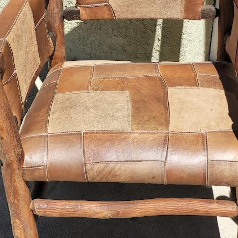 Hand-Crafted Old Hickory Arm Chairs with Patchwork Leather - Set of Four