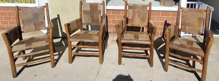 Mid-20th Century Old Hickory Arm Chairs with Patchwork Leather - Set of Four