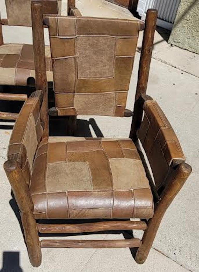 Old Hickory Arm Chairs with Patchwork Leather - Set of Four In Good Condition In Los Angeles, CA