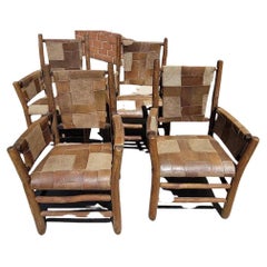 Old Hickory Arm Chairs with Patchwork Leather - Set of Four