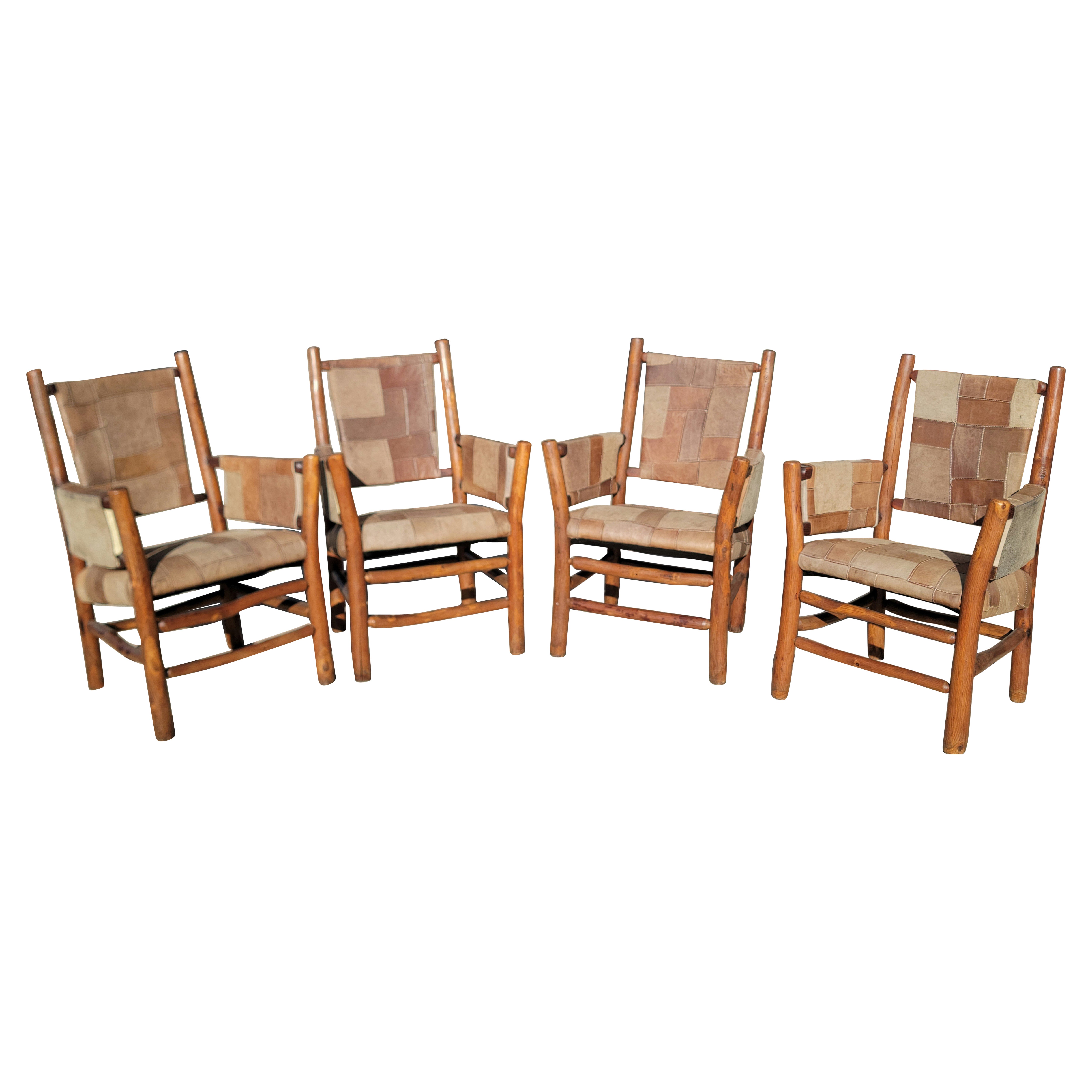Old Hickory Arm Chairs with Patchwork Leather - Set of Four For Sale