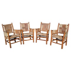 Old Hickory Arm Chairs with Patchwork Leather - Set of Four Old Hickory Arm Chairs with Patchwork Leather - Set of Four