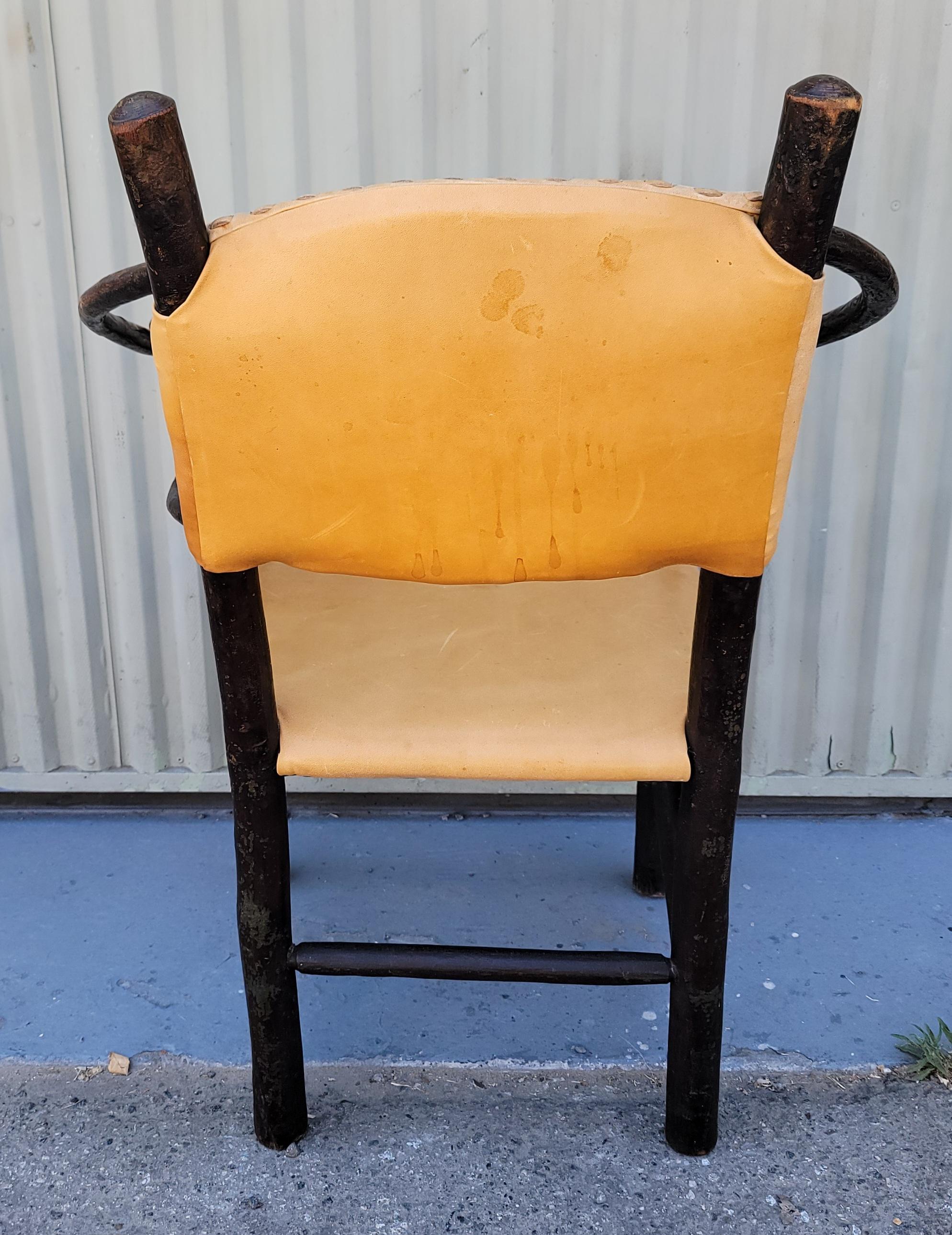 Hand-Crafted Old Hickory Barrel Back Leather Arm Chair