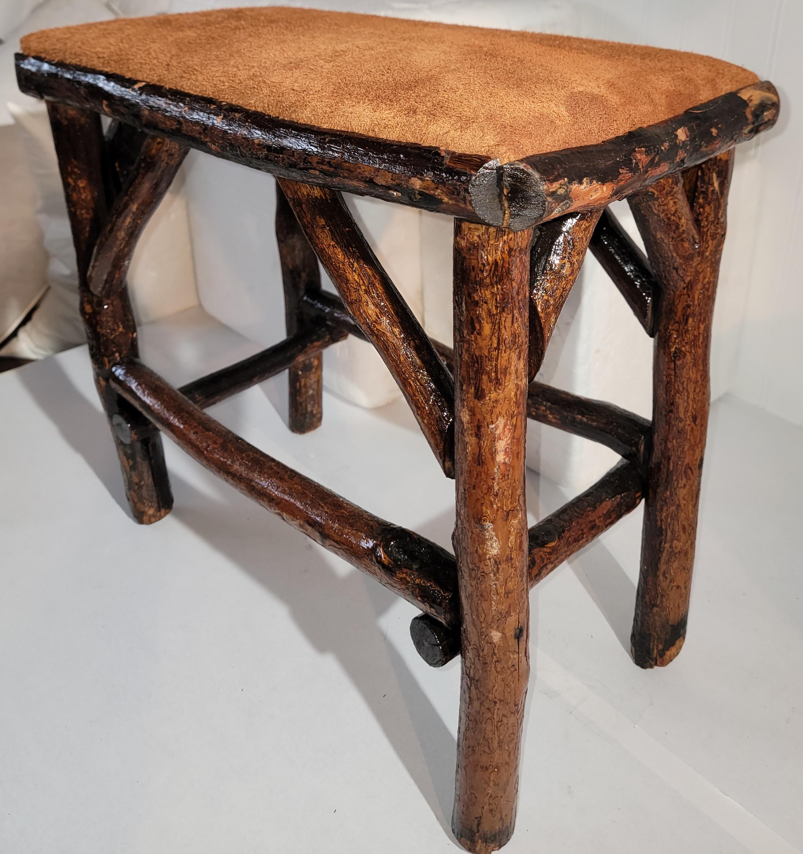 Folk Art Old Hickory Bench W/ Suede Seat For Sale