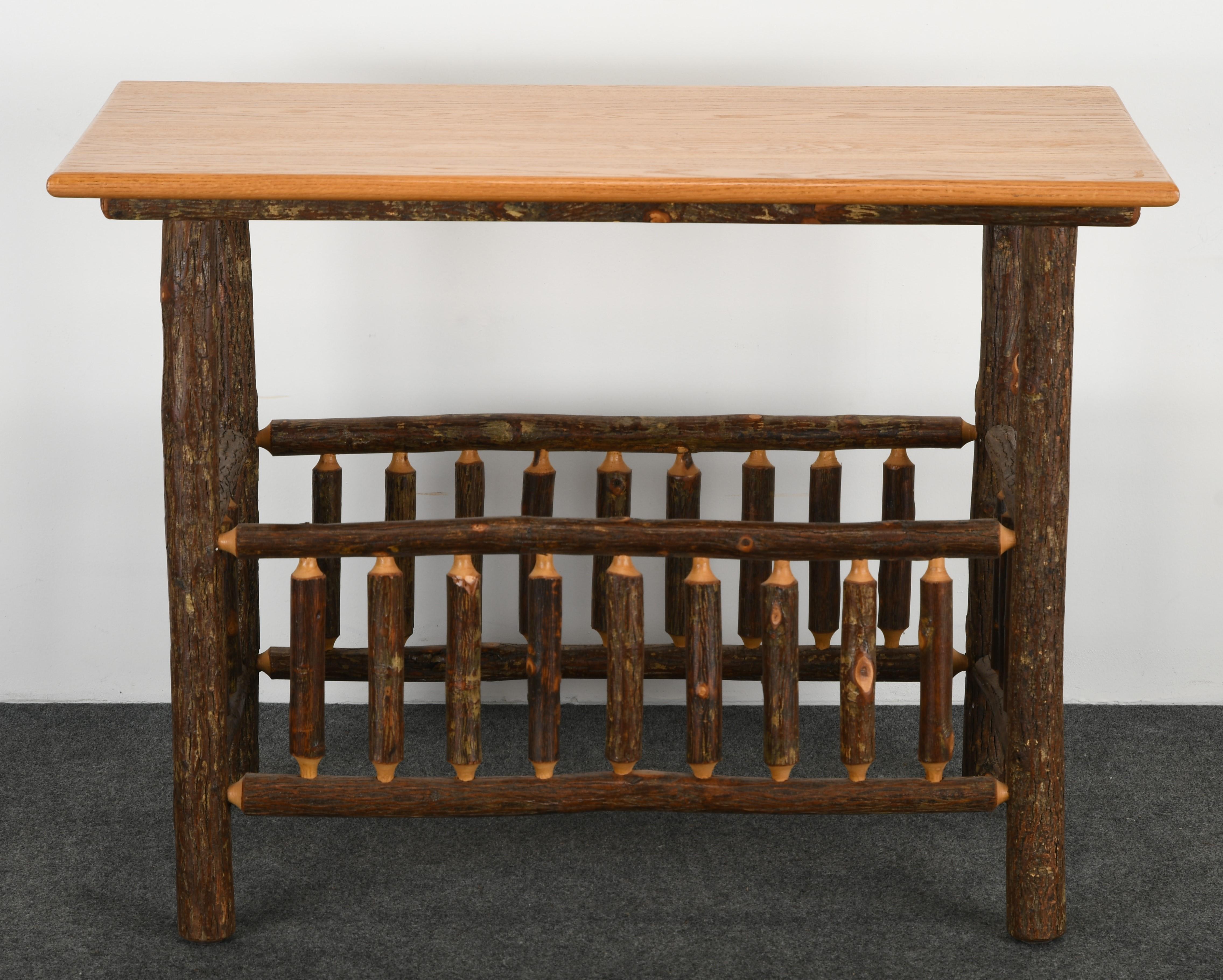 A fabulous rustic sofa table with solid oak top. This sofa table would look great in a sunroom, porch, or second home. Old Hickory was known to be the furniture of choice for vacation homes by Theodore Roosevelt and other past presidents. This sofa