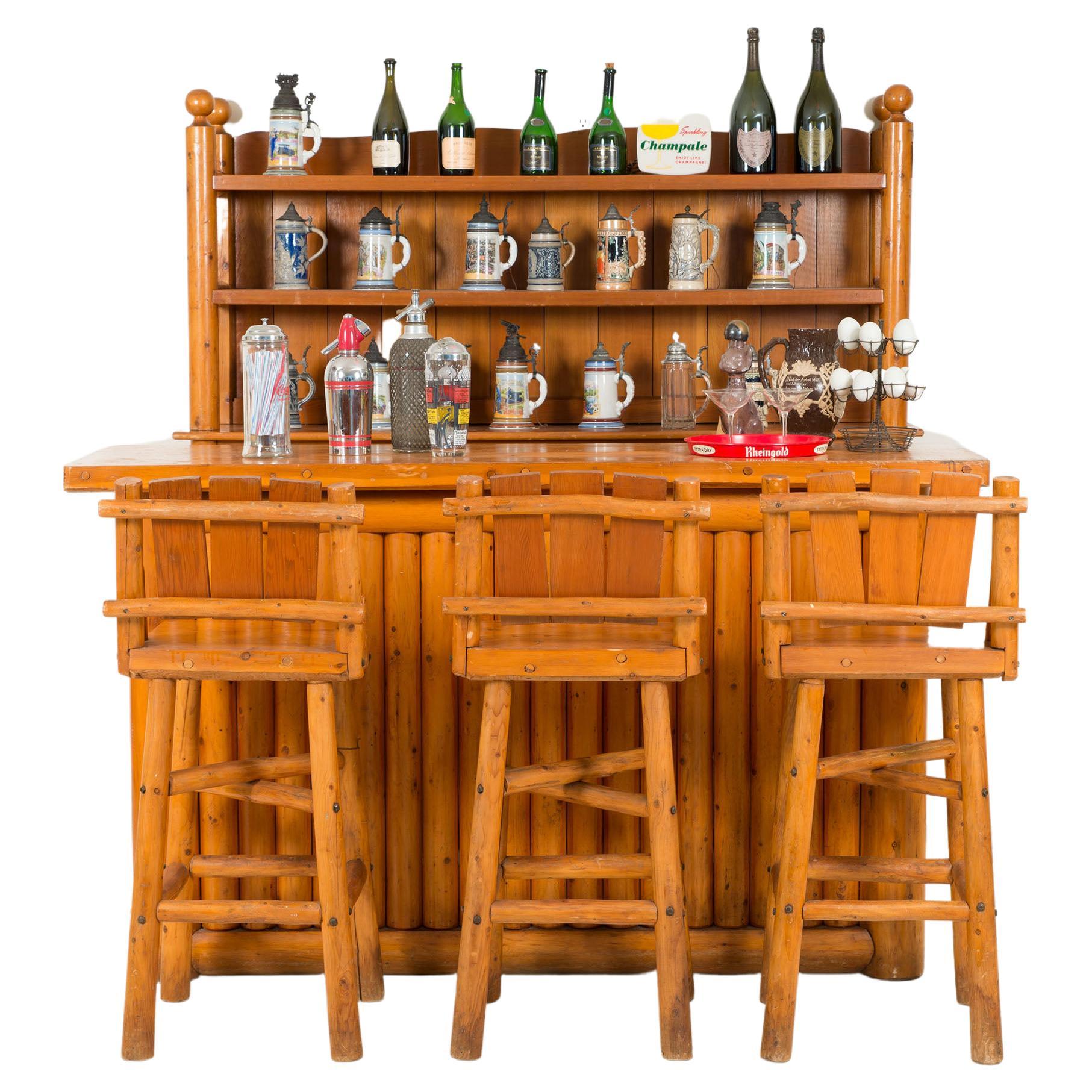 Old Hickory Cedar Bar Set with Counter, Stools, and Sideboard For Sale