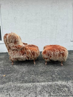 1990s Alpaca Fur Leather Old Hickory Rustic Bergere Chair and Ottoman, Set of 2