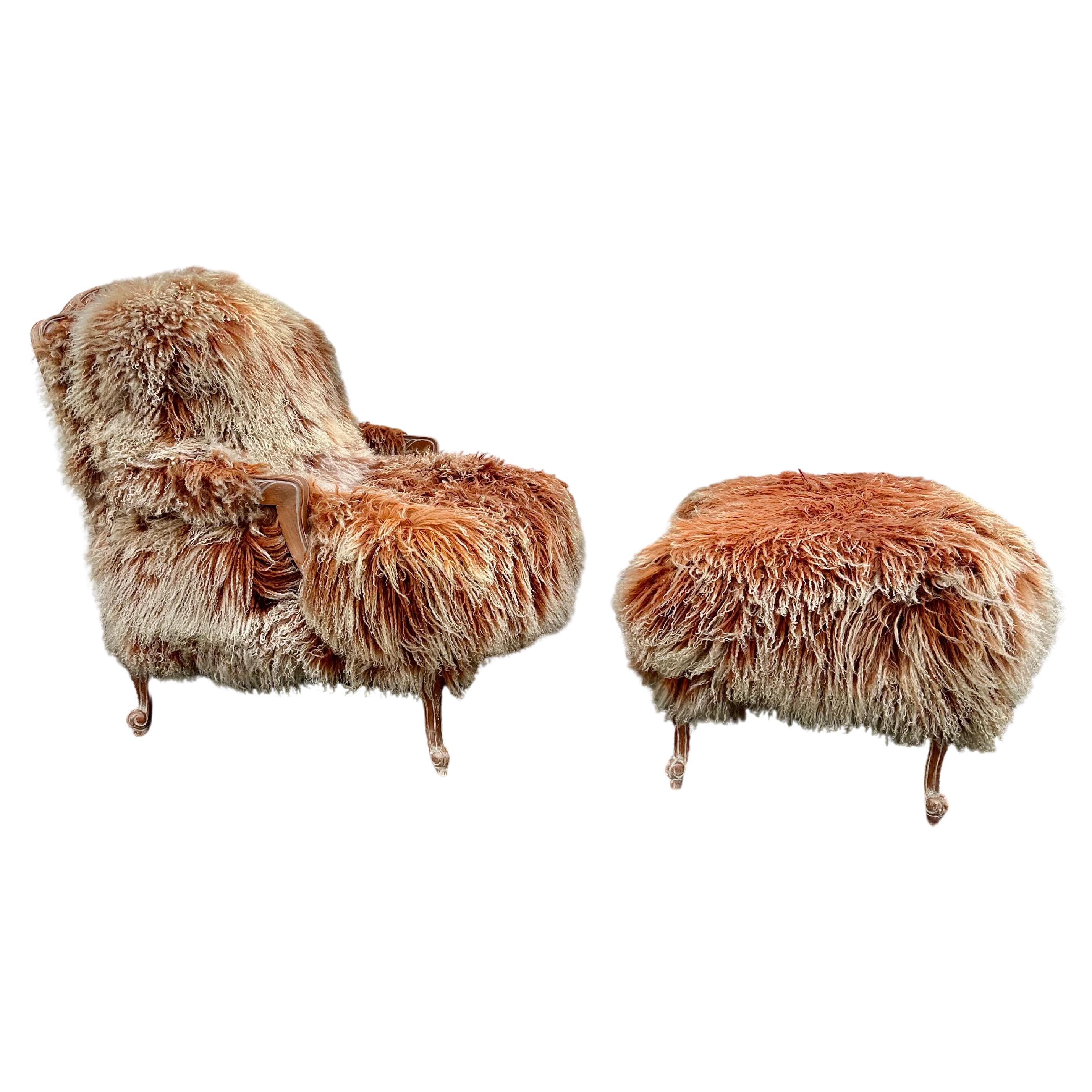 1990s Alpaca Fur Leather Old Hickory Rustic Bergere Chair and Ottoman, Set of 2
