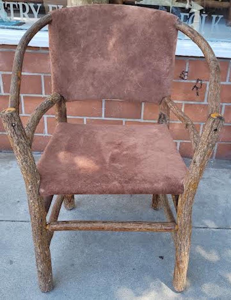 Pair of Old Hickory Chairs newly upholstered  in brown suede seats & backing.These amazing barrel back Old Hickory chairs are super comfortable and sturdy.