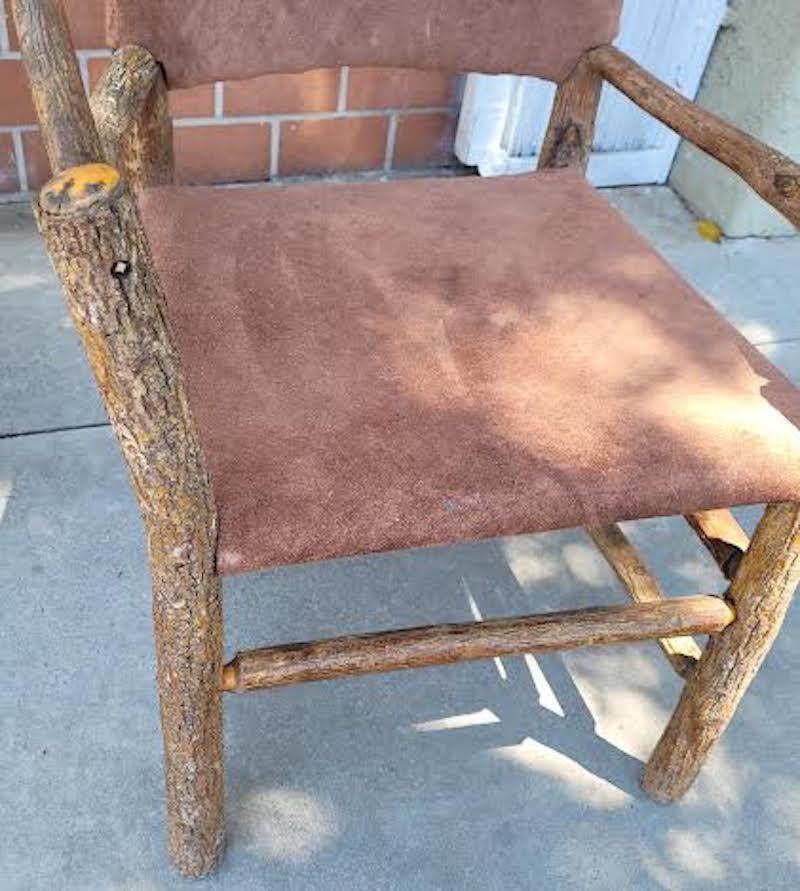 Adirondack Old Hickory Chairs in  Brown Suede  Leather - Pair For Sale