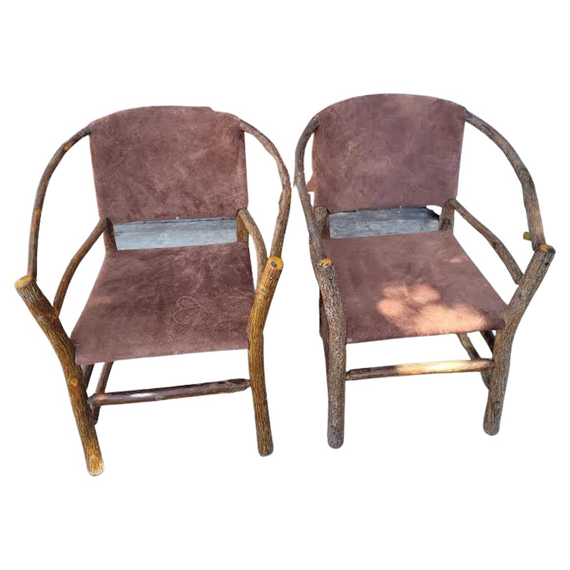 Old Hickory Chairs in  Brown Suede  Leather - Pair