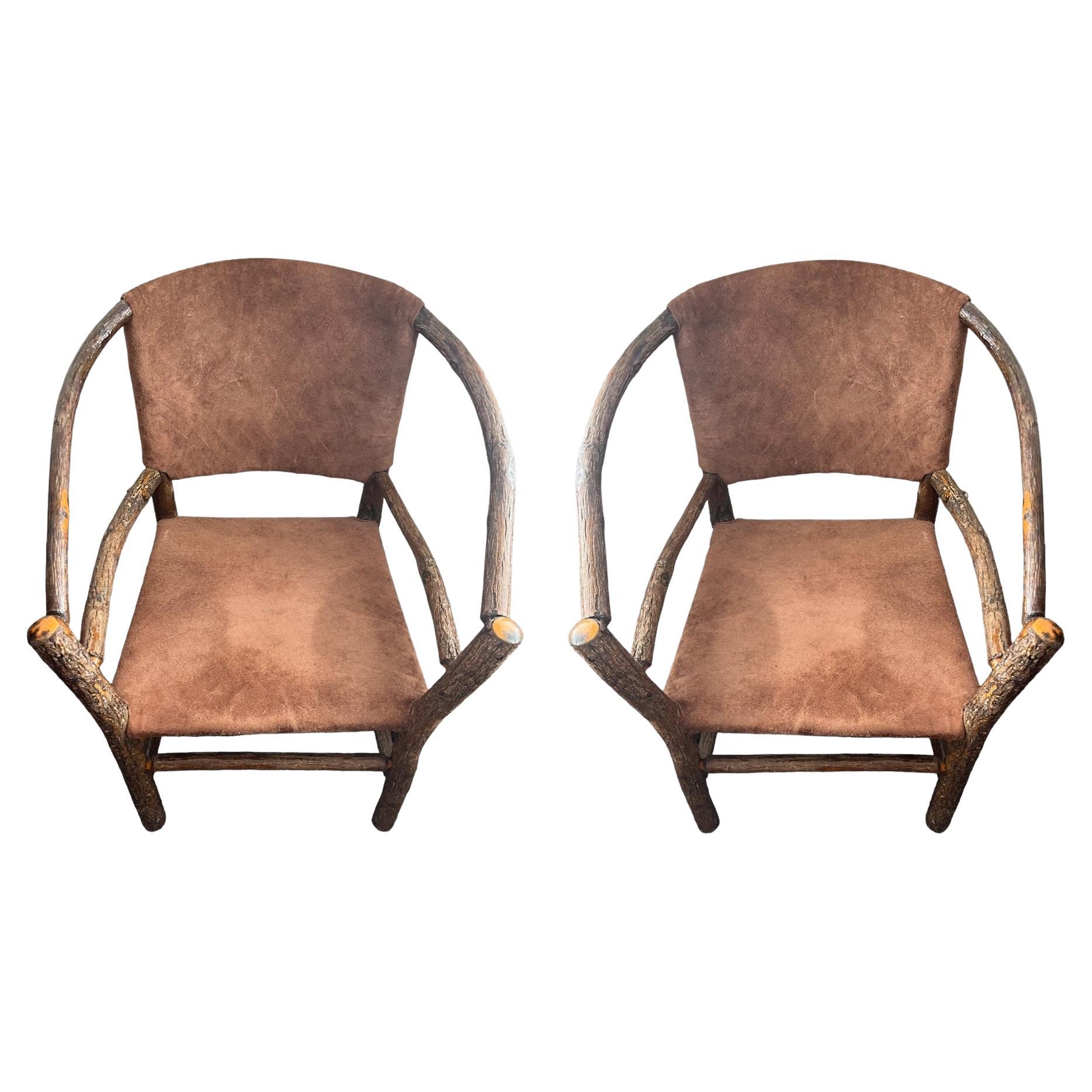 Old Hickory Chairs in  Brown Suede  Leather - Pair