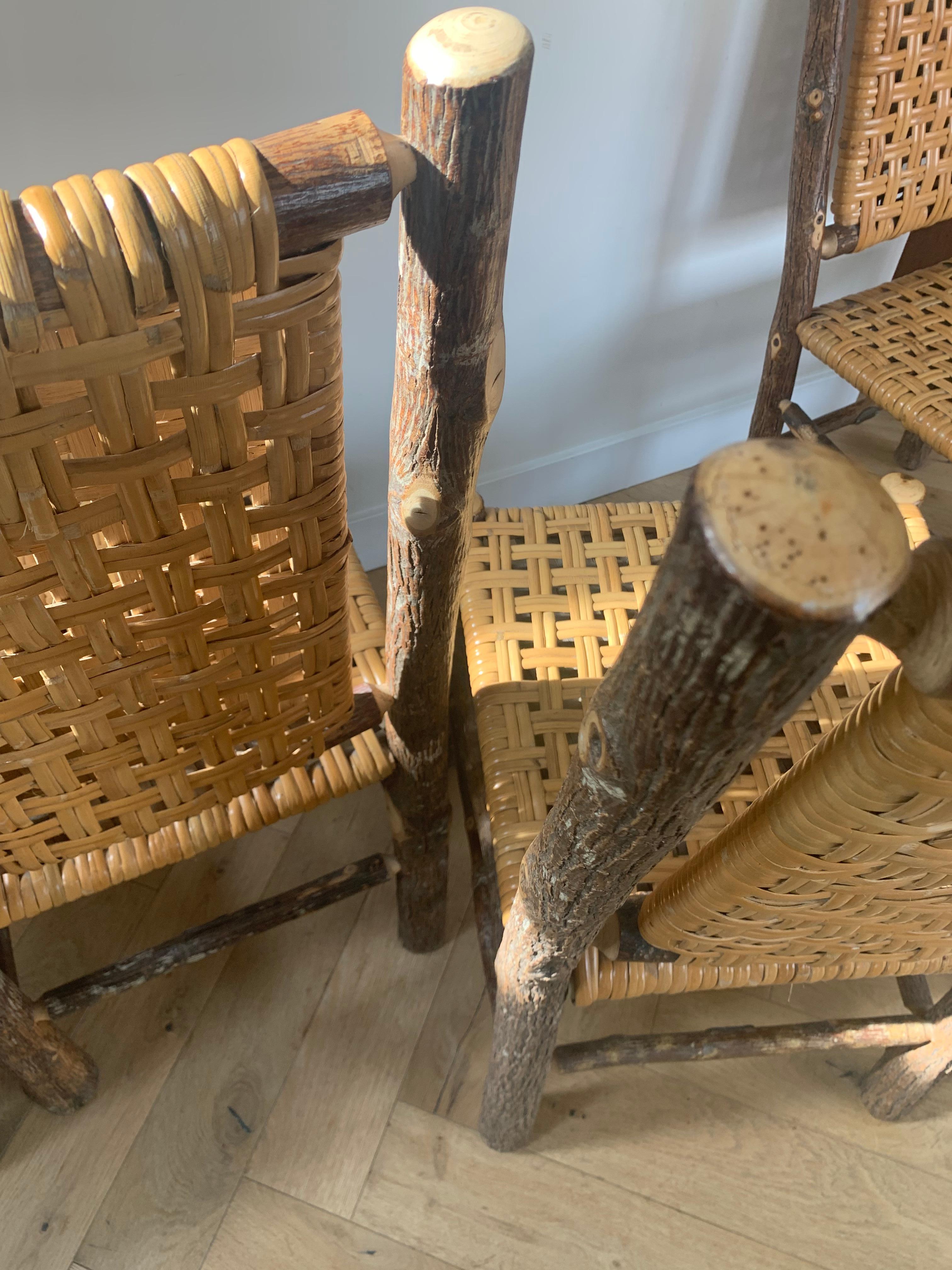 Old Hickory Chairs with Raw Wood and Caning, Signed, circa 1940s 2