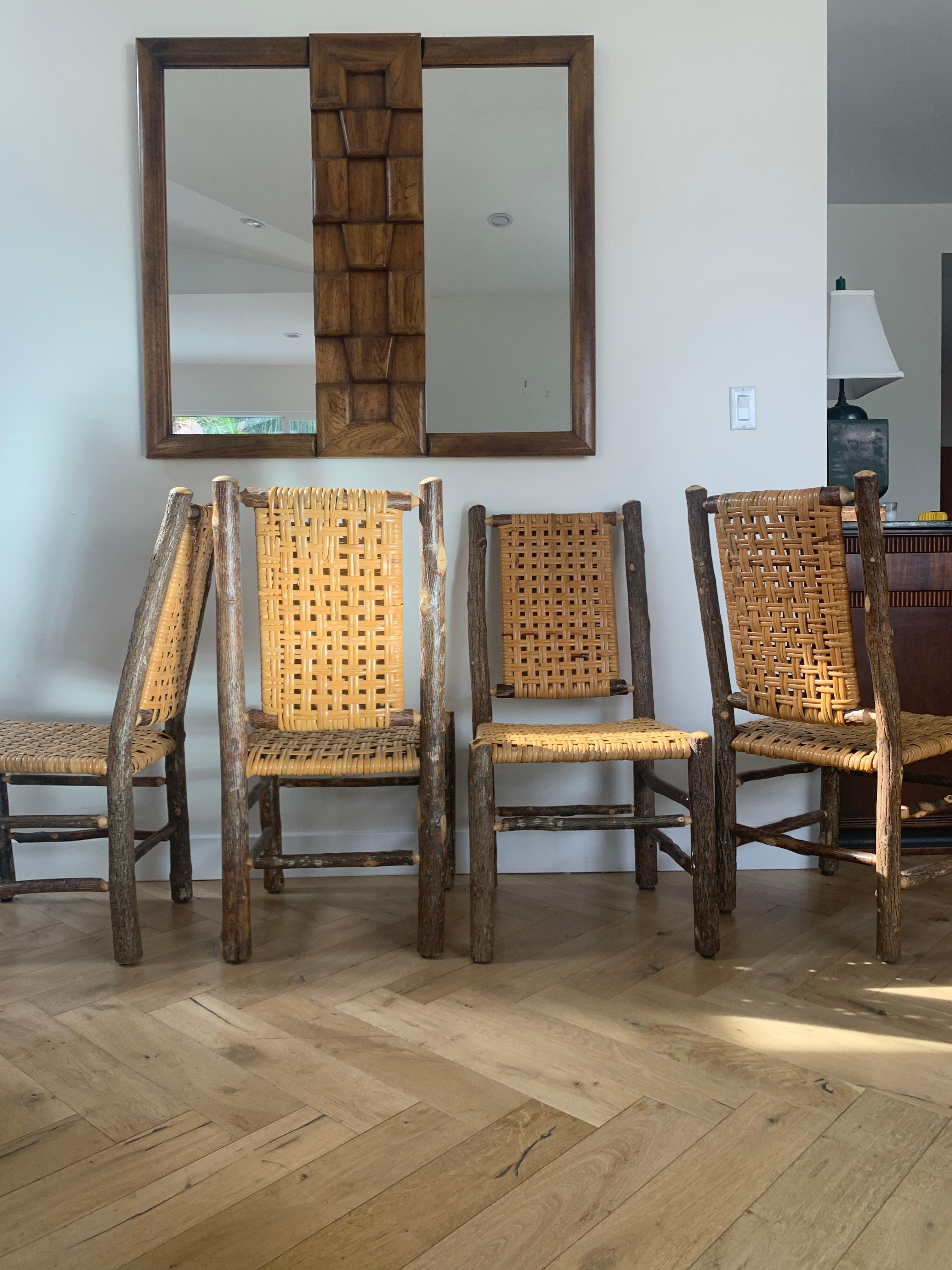 Old Hickory Chairs with Raw Wood and Caning, Signed, circa 1940s 3