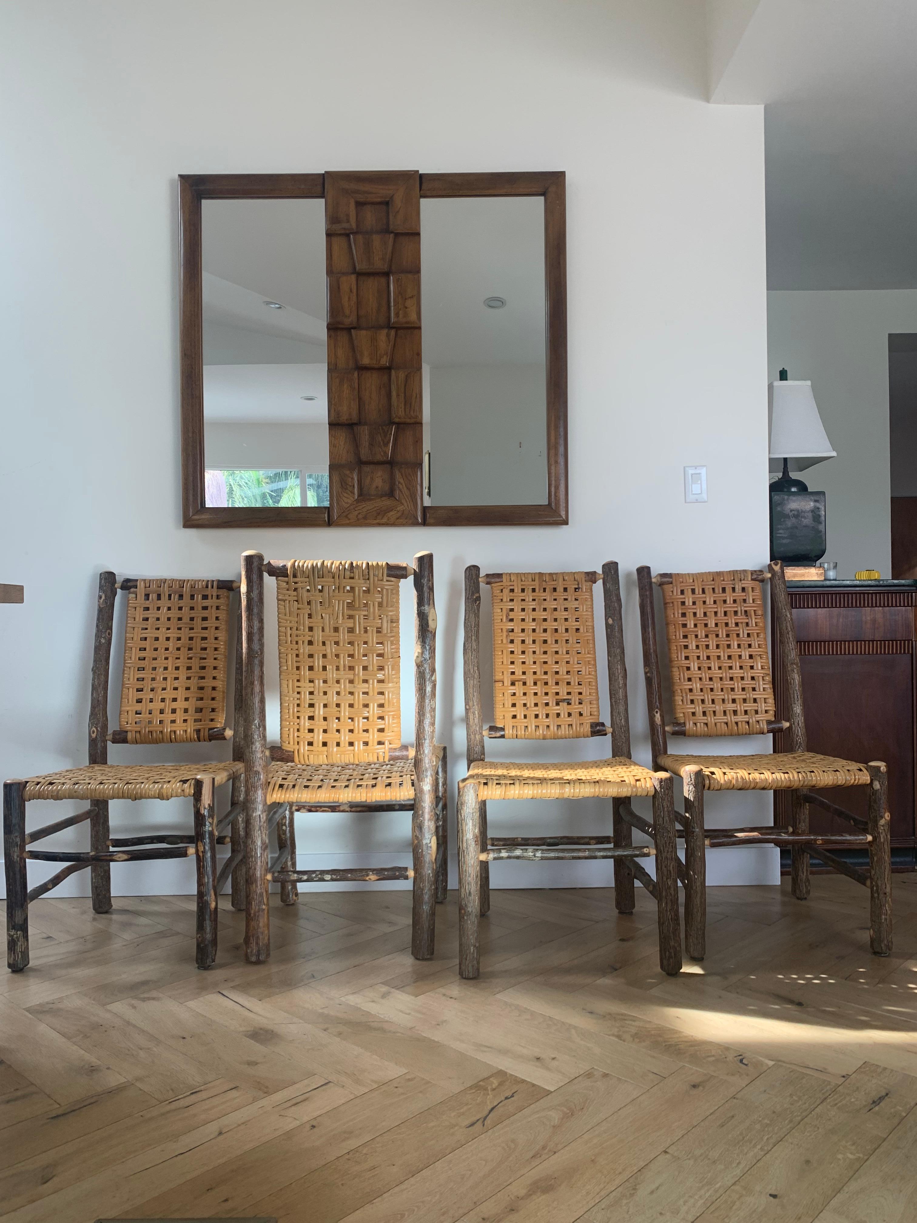 Old Hickory Chairs with Raw Wood and Caning, Signed, circa 1940s 10