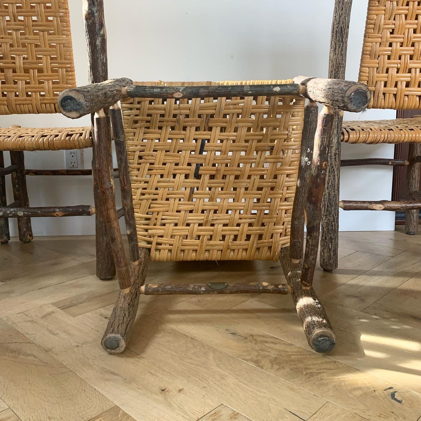 Rustic Old Hickory Chairs with Raw Wood and Caning, Signed, circa 1940s