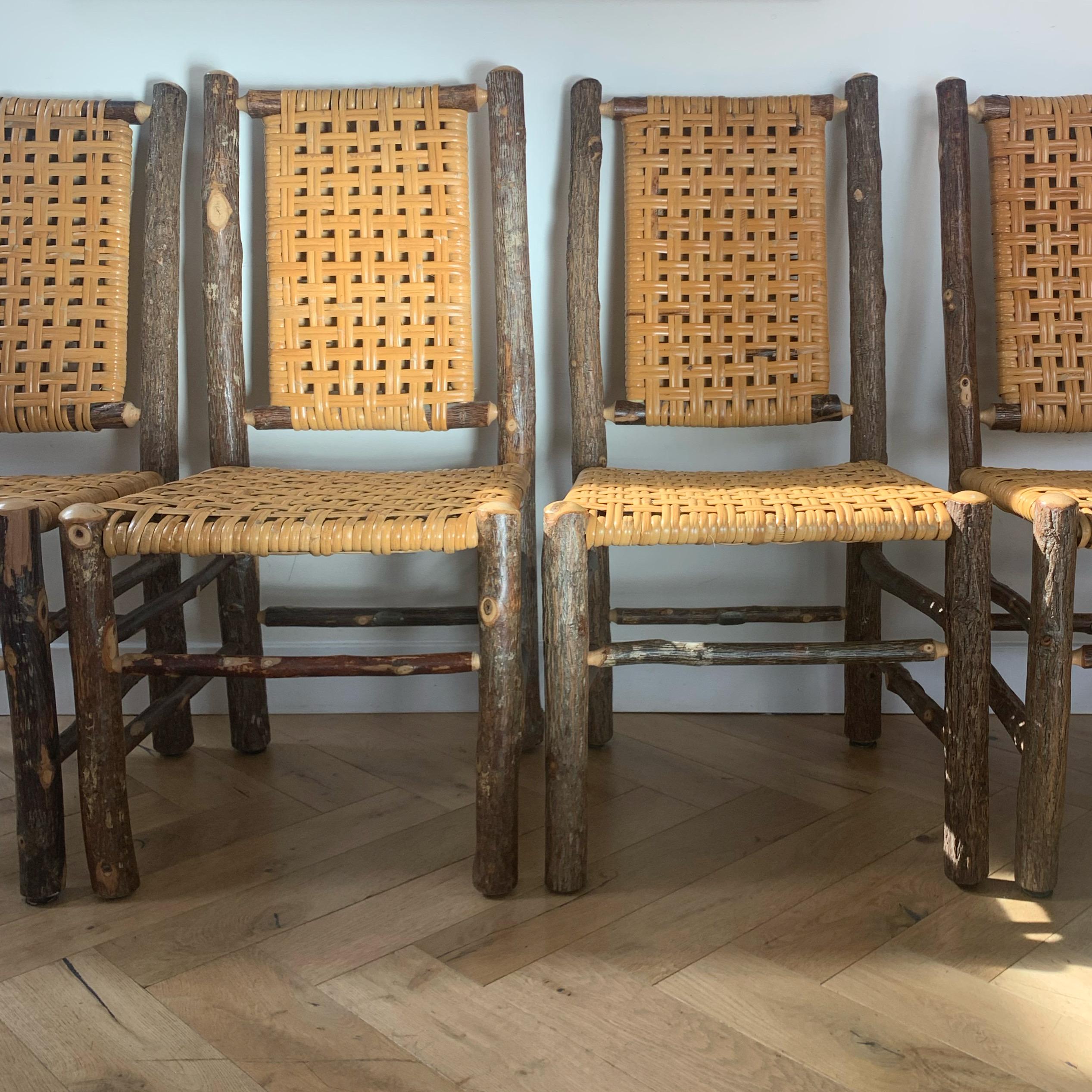 Hand-Crafted Old Hickory Chairs with Raw Wood and Caning, Signed, circa 1940s