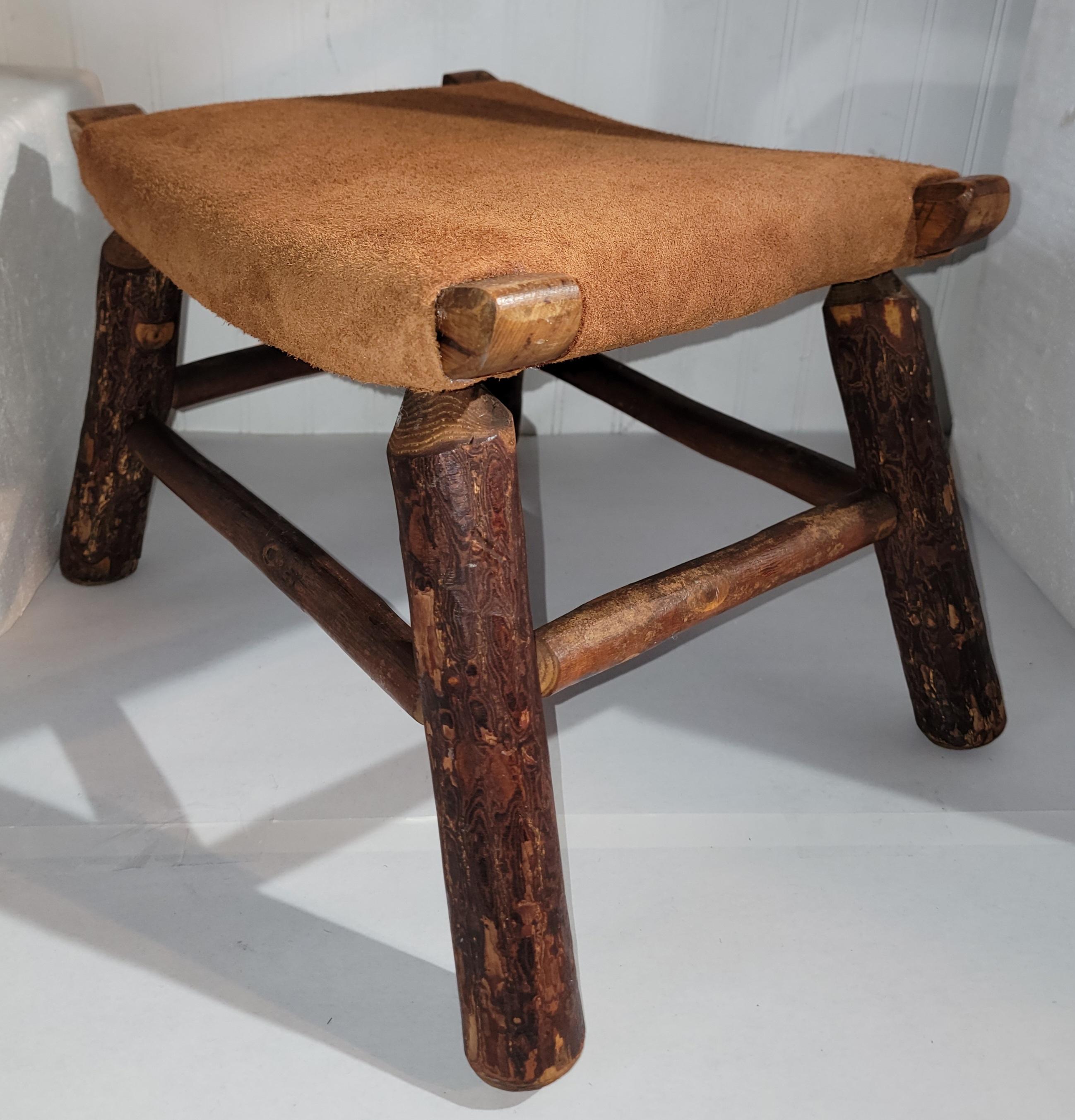 Folk Art Old Hickory Foot Stool W/ Suede Seat For Sale