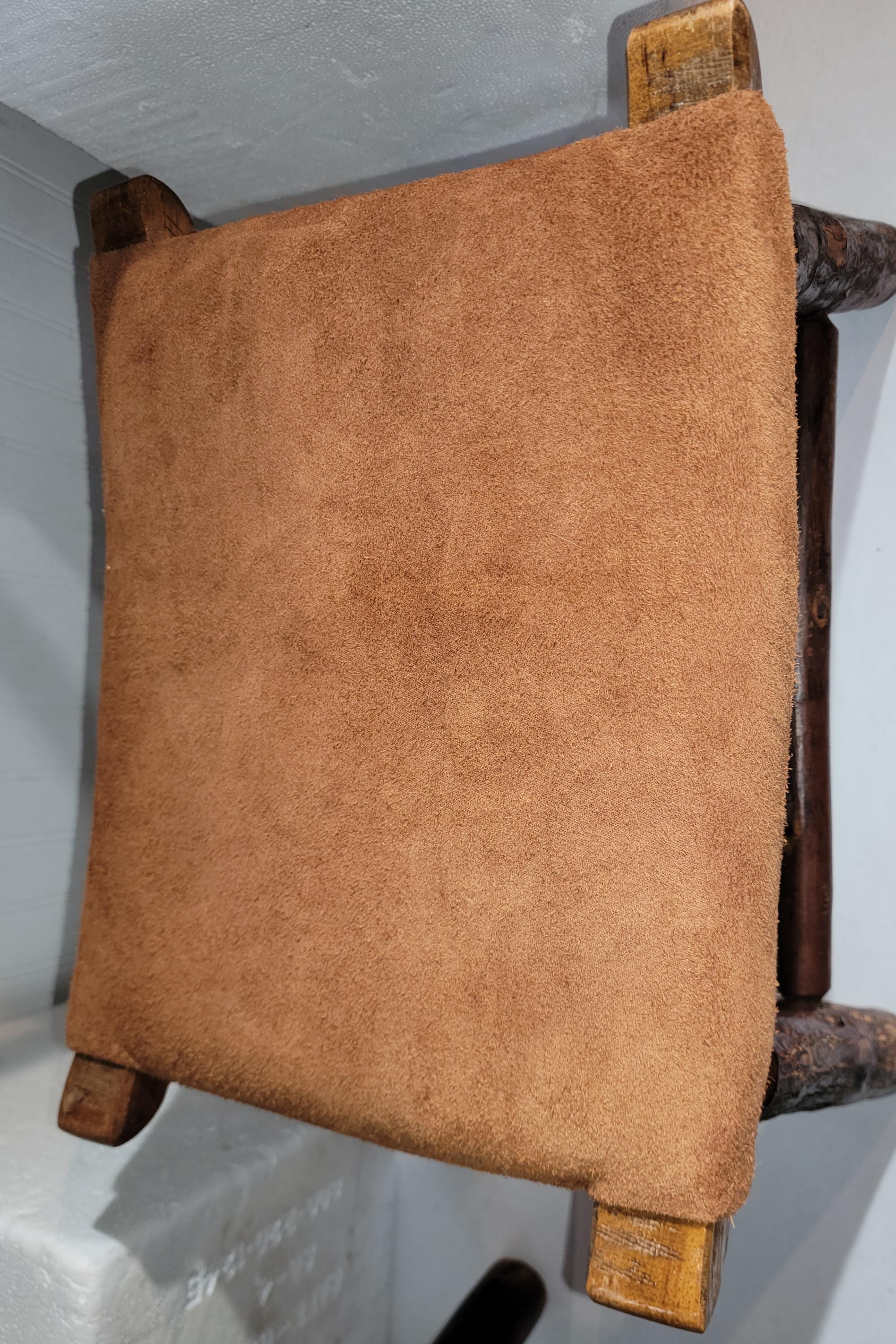 American Old Hickory Foot Stool W/ Suede Seat For Sale