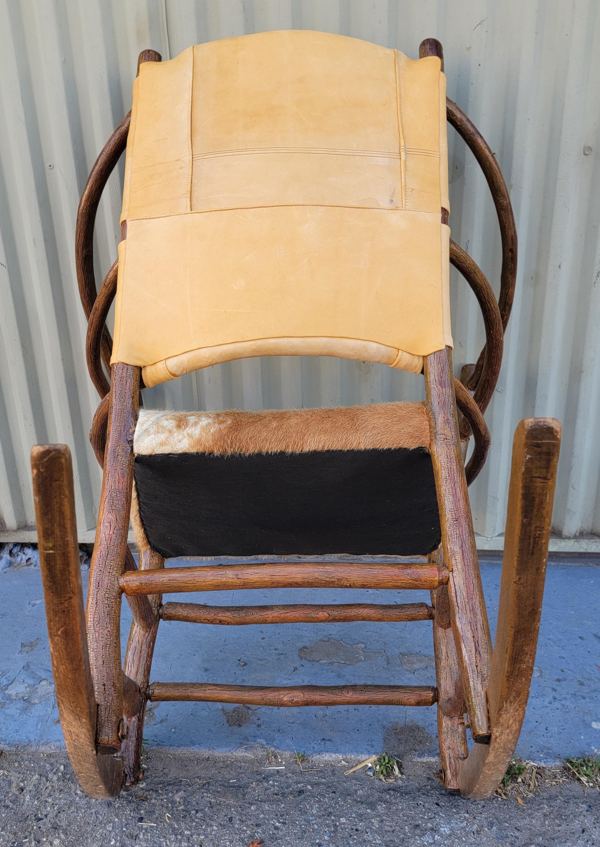 Old Hickory Rocker With Leather Back & Seat (20. Jahrhundert) im Angebot