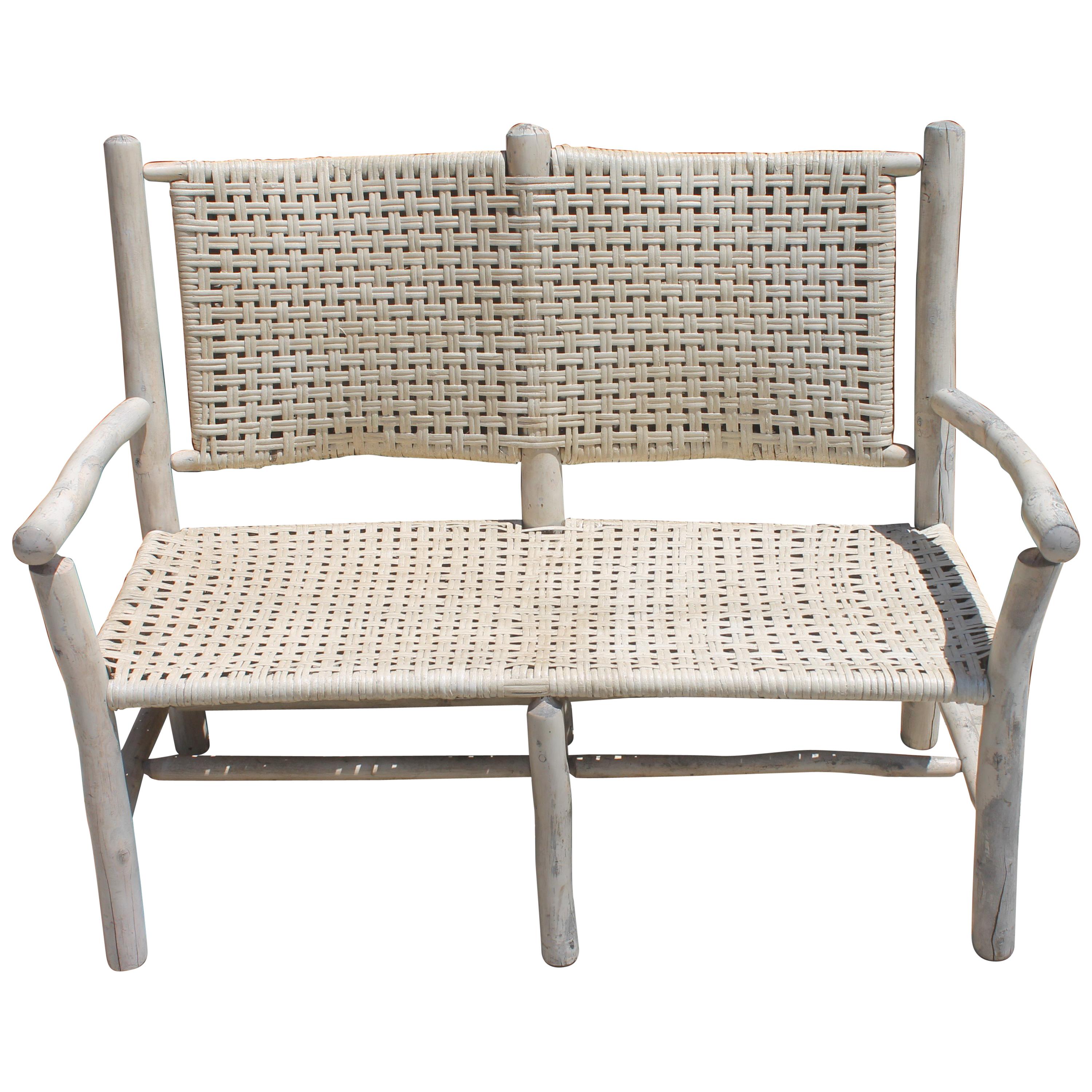 Old Hickory Settee Bench in Old White Painted Surface at 1stDibs