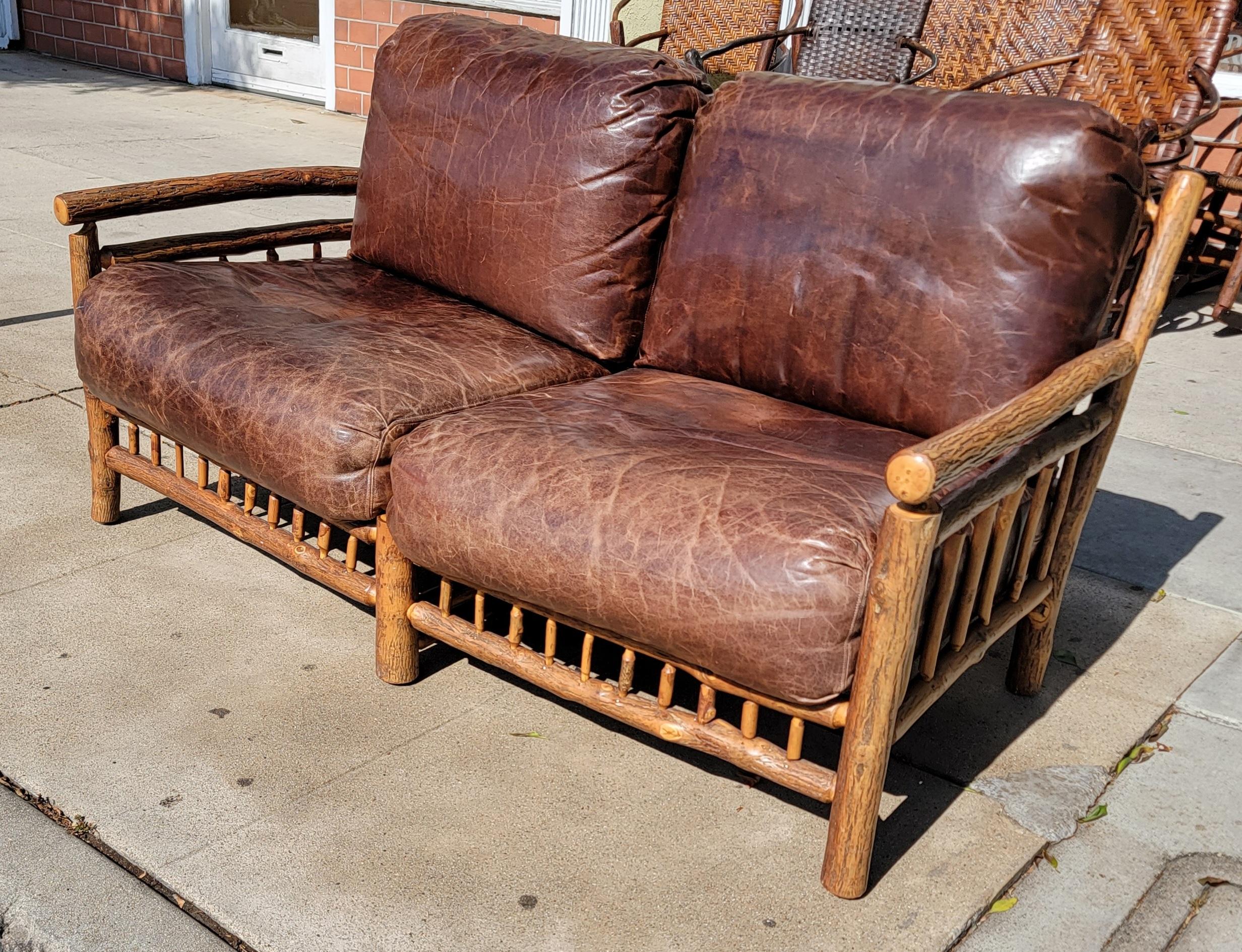 Hand-Crafted Old Hickory Sofa with Leather Cushions