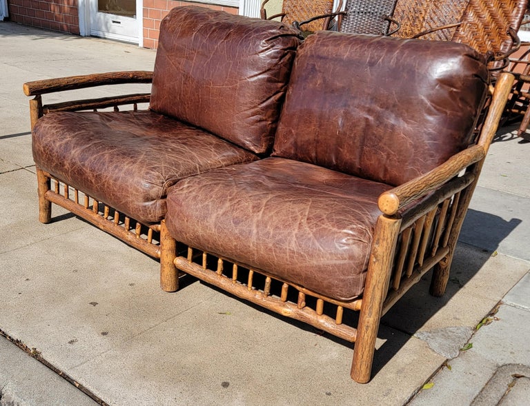 Hand-Crafted Old Hickory Sofa with Leather Cushions For Sale