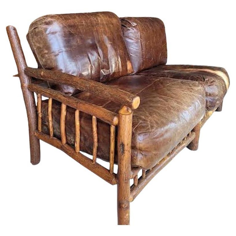 Adirondack Old Hickory Sofa with Leather Cushions For Sale