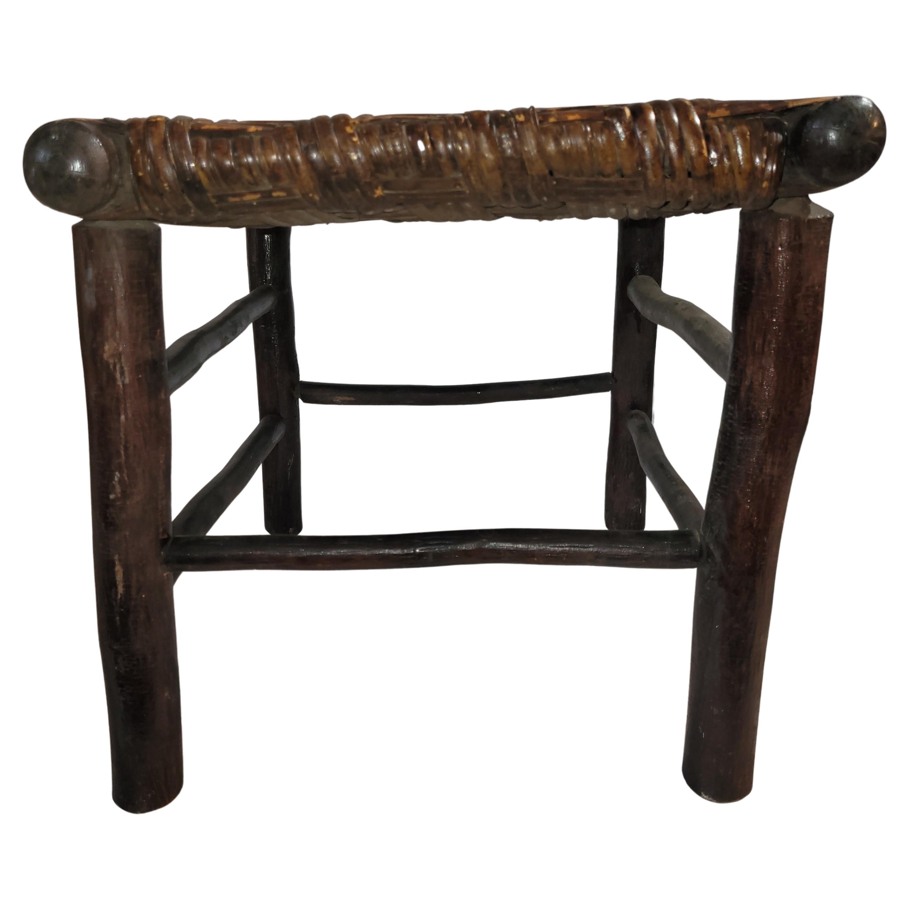 Adirondack Old Hickory Stool with a Herringbone Rattan Seat For Sale