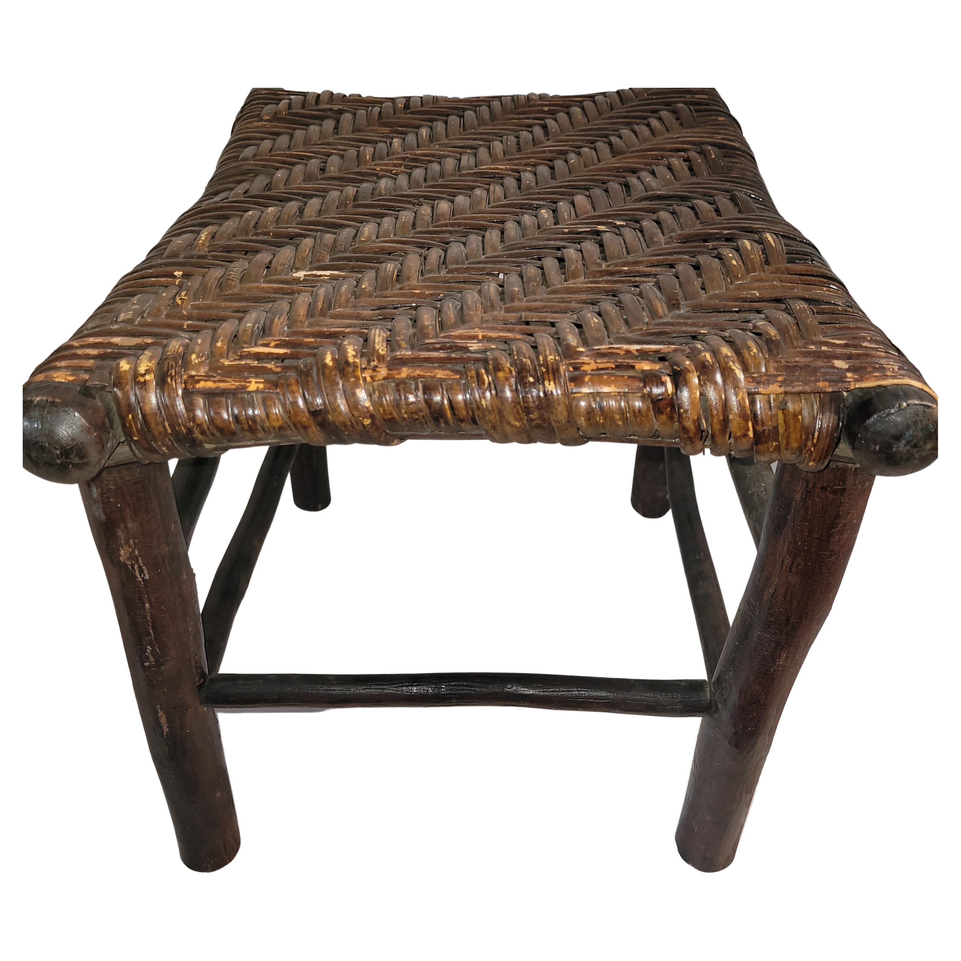 American Old Hickory Stool with a Herringbone Rattan Seat For Sale