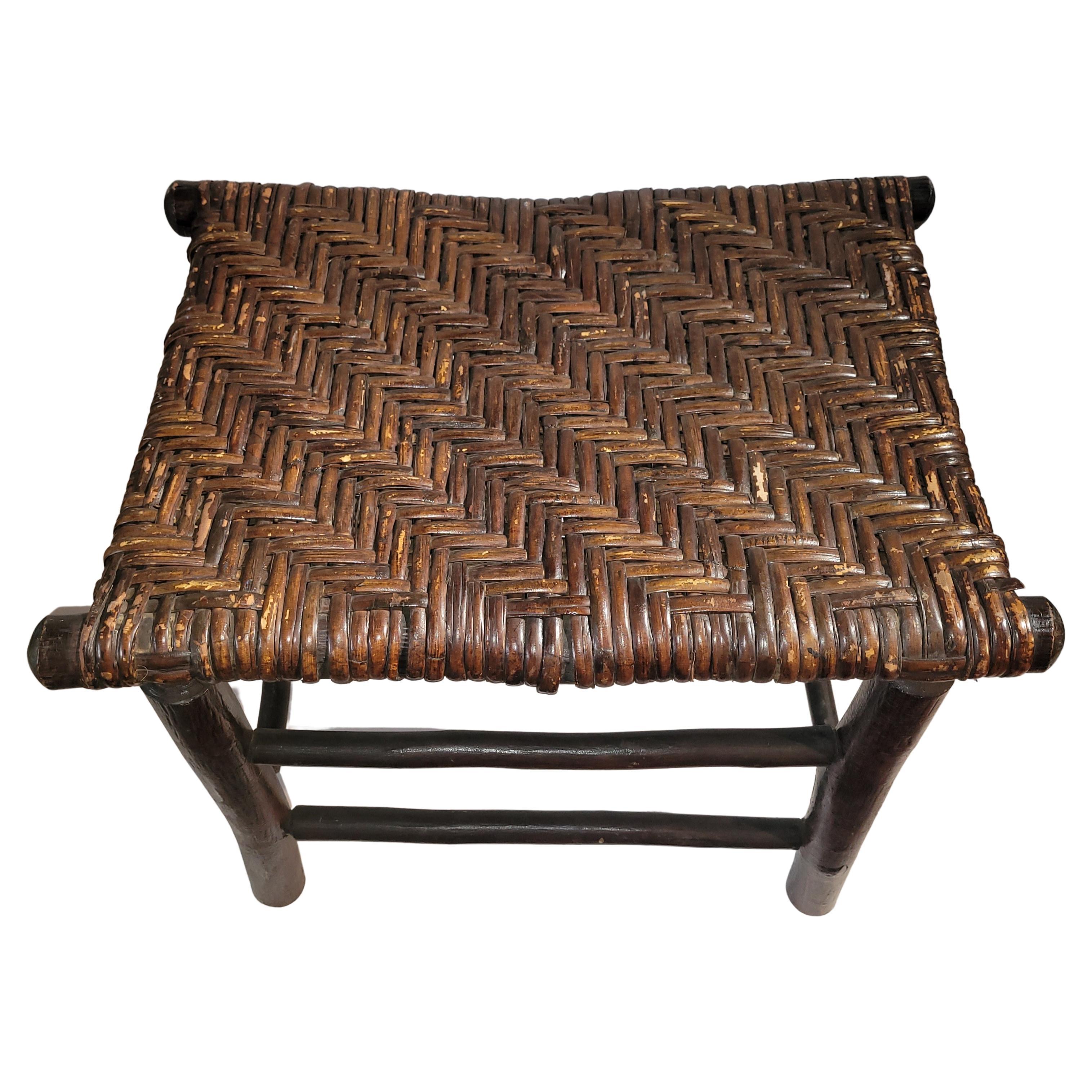 Old Hickory Stool with a Herringbone Rattan Seat For Sale 1