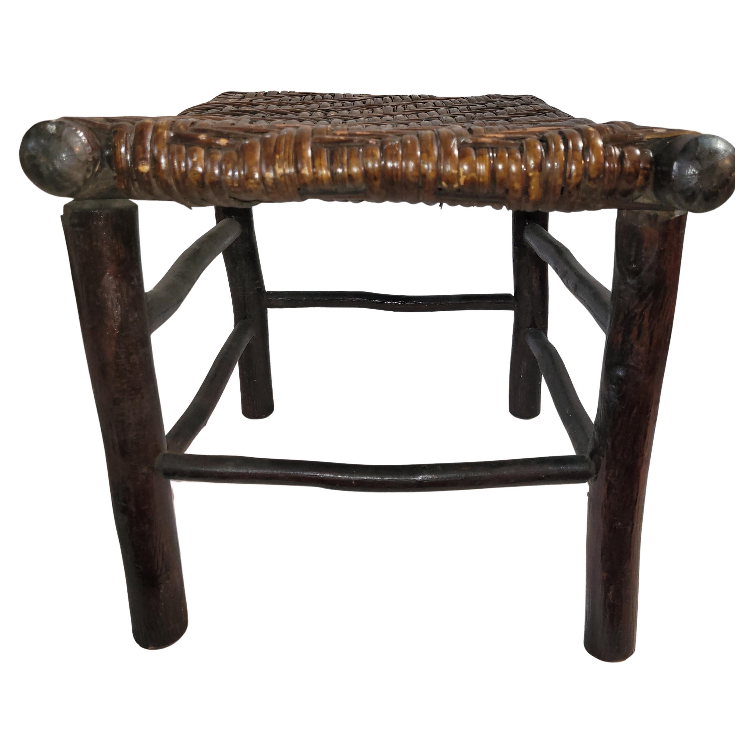 Old Hickory Stool with a Herringbone Rattan Seat For Sale 2