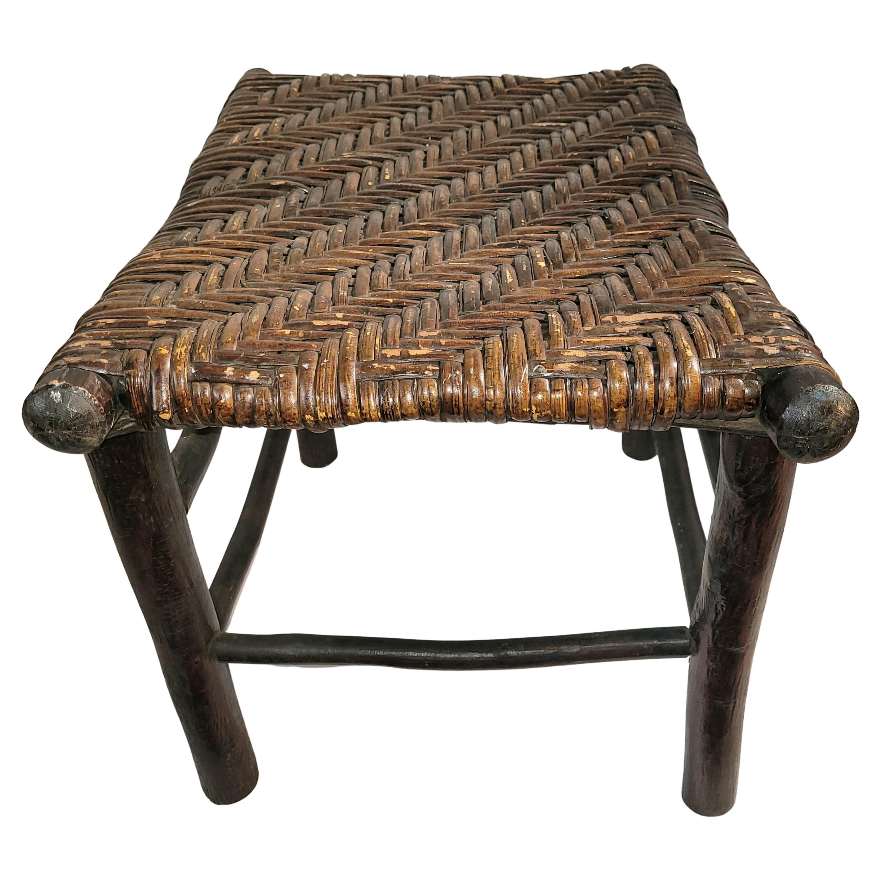 Old Hickory Stool with a Herringbone Rattan Seat For Sale 3