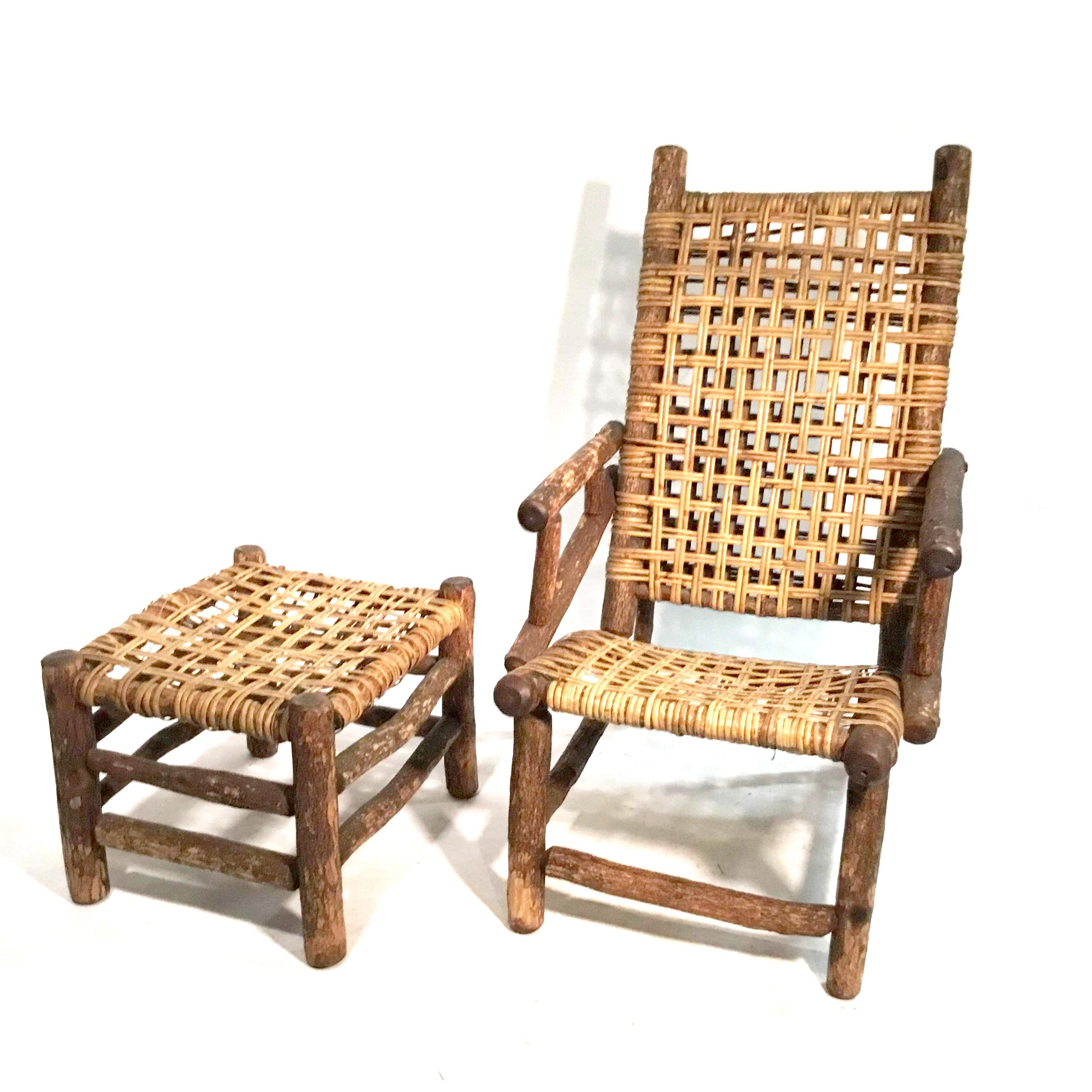 Old hickory style chair and ottoman with wooden frame and rattan seat
Measures: Chair: 34