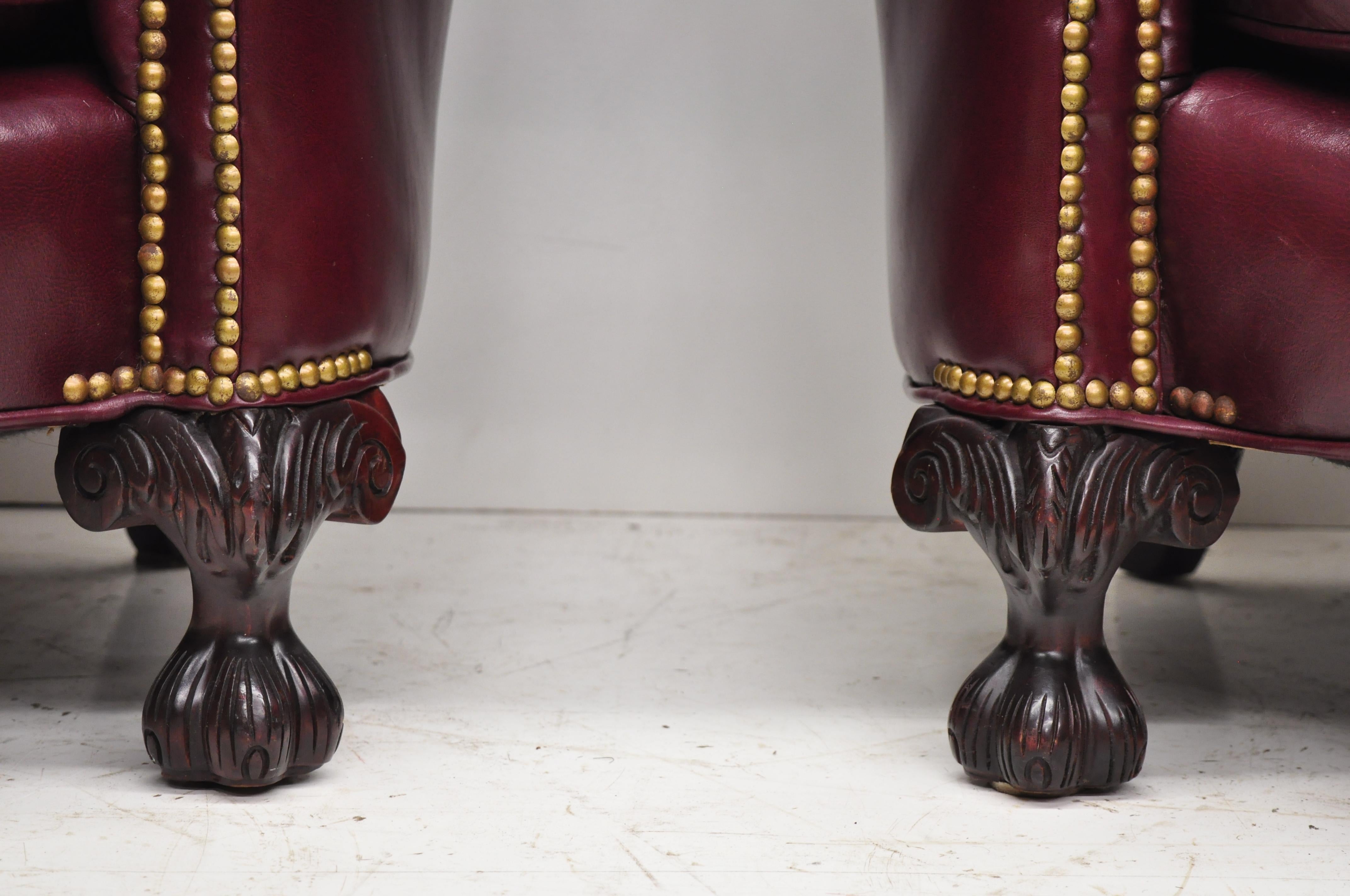 Georgian Old Hickory Tannery Burgundy Leather Ball & Claw Round Club Lounge Chairs, Pair