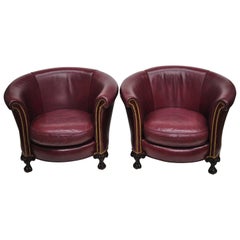 Old Hickory Tannery Burgundy Leather Ball & Claw Round Club Lounge Chairs, Pair