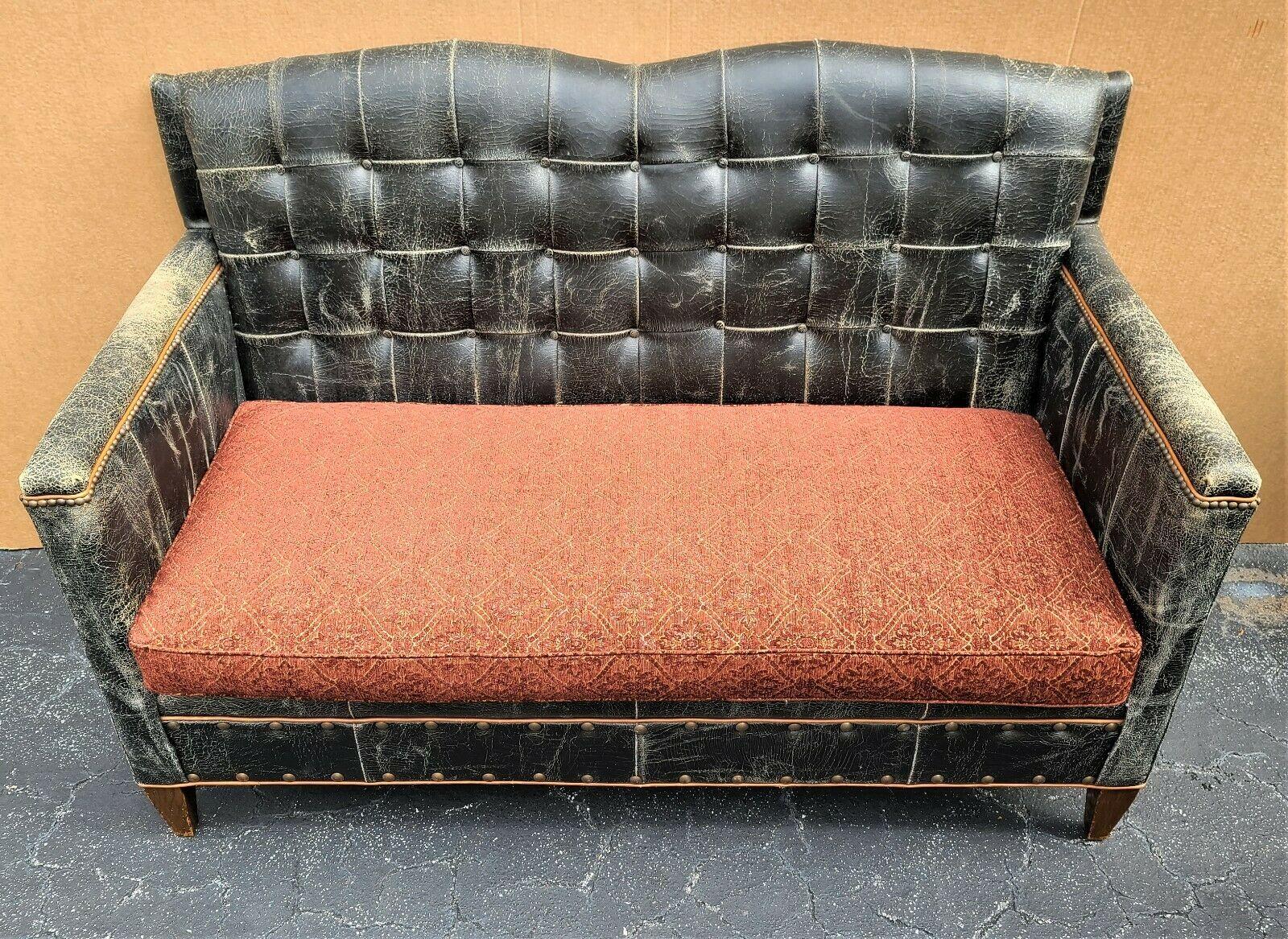 Mid-Century Modern Old Hickory Tannery Distressed Leather Settee Loveseat by Old Hickory Tannery