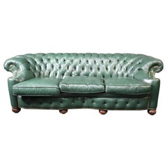 Vintage Old Hickory Tannery Hunter Green Genuine Top Grain Leather Chesterfield Sofa