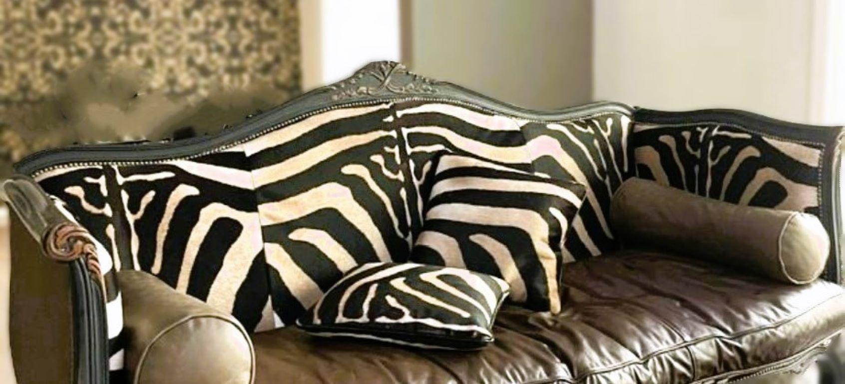 American Old Hickory Tannery Sofas/Zebra Print Cowhair, Leather. Suede & Nailhead Trim