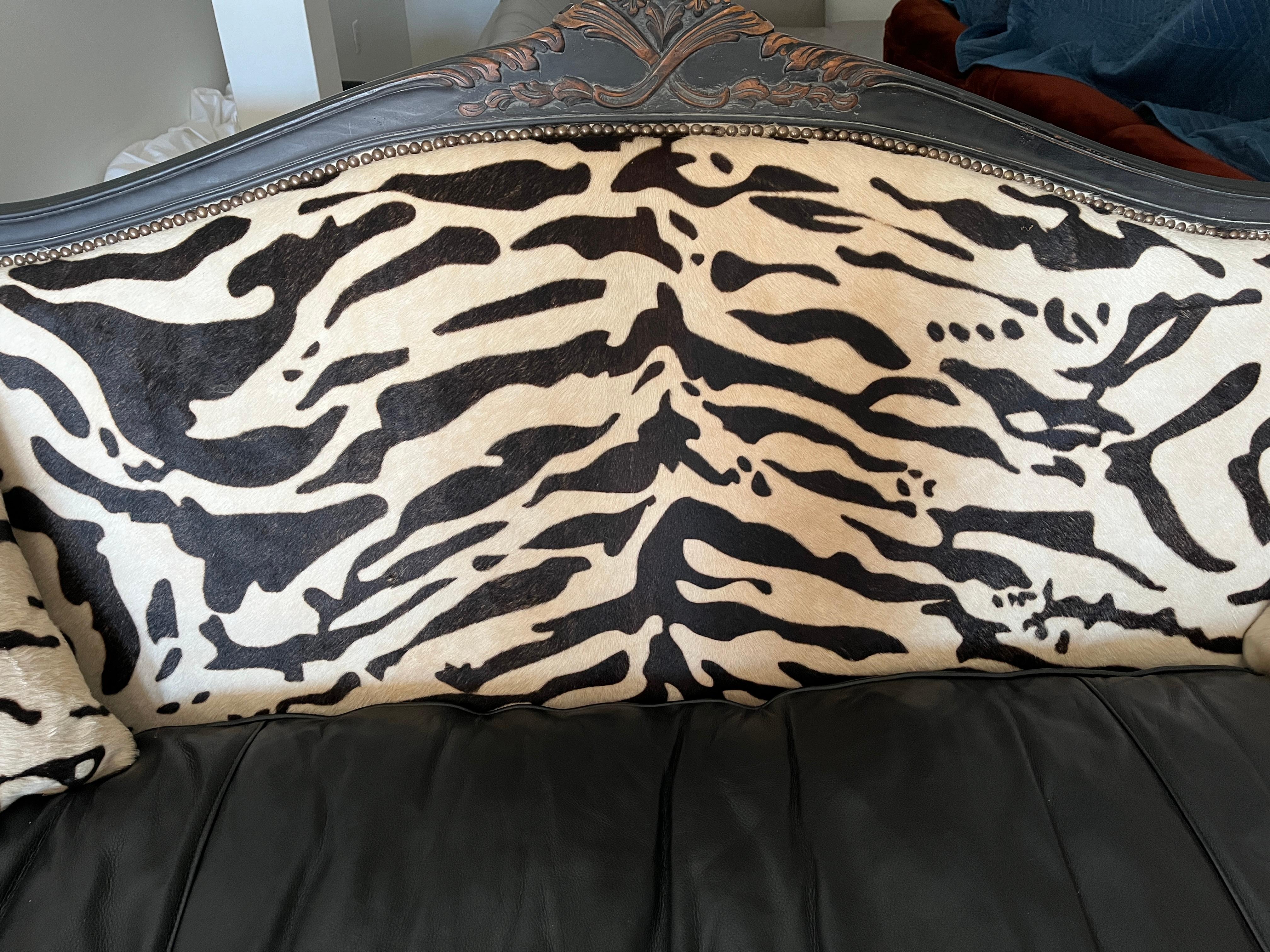 Carved Old Hickory Tannery Sofas/Zebra Print Cowhair, Leather. Suede & Nailhead Trim