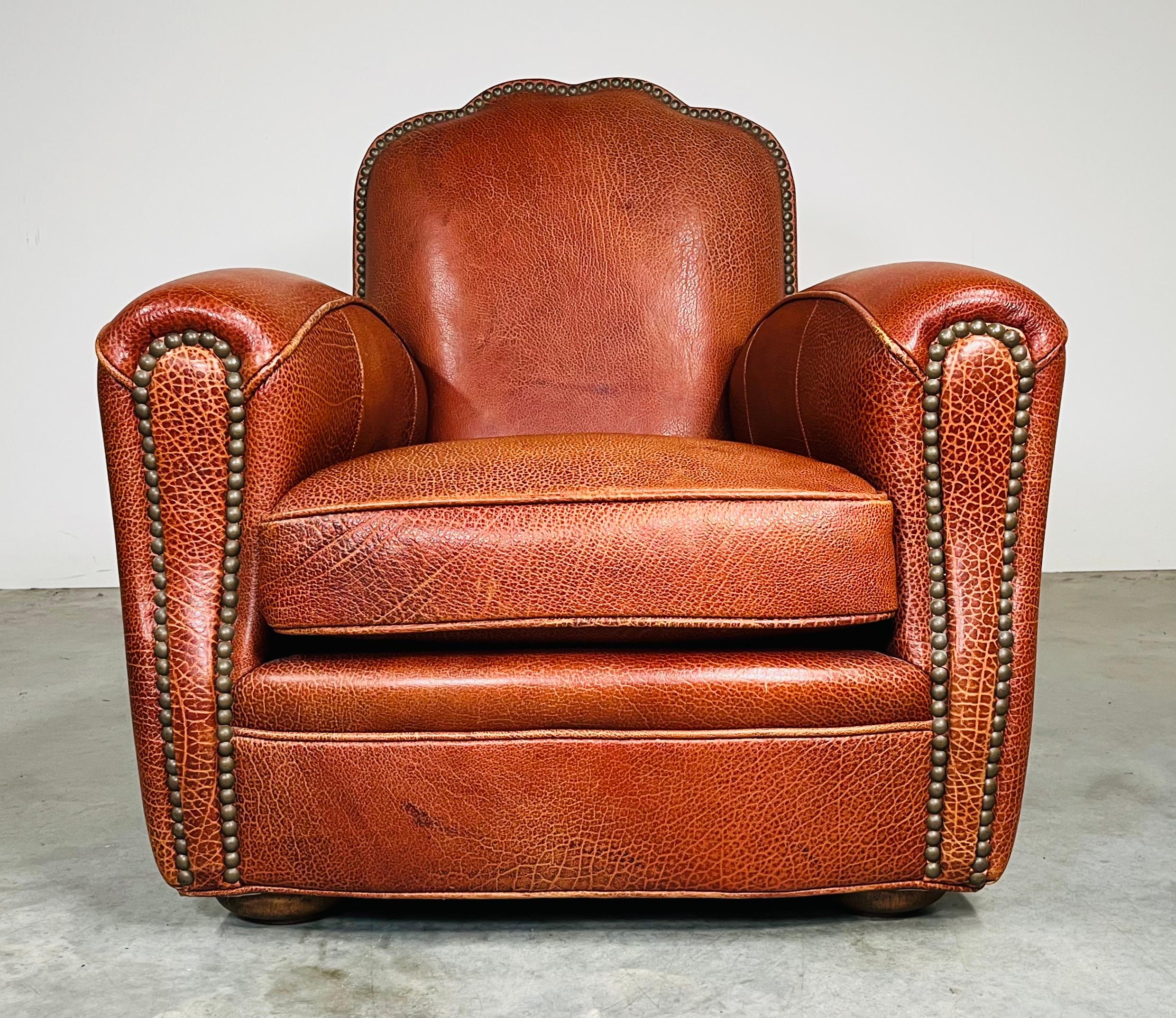 American Craftsman Old Hickory Tannery Traditional “Spirit Brown” Leather Club Arm-Chair For Sale