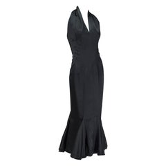 Old Hollywood Plunging Backless Black Satin Mermaid Halter Gown - L, 1930s