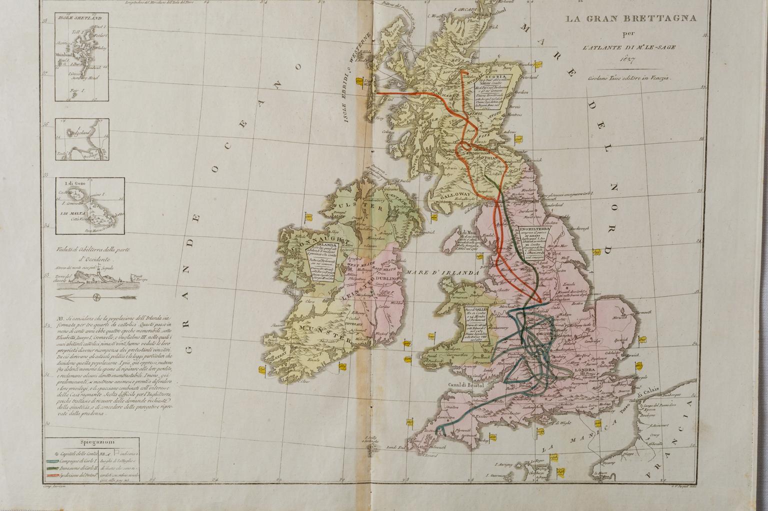 Italian Old Horizontal Map of England For Sale